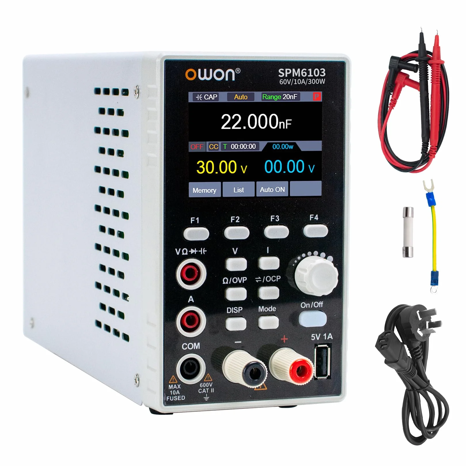 OWON SPM6103 Zasilacz laboratoryjny DC 300W 0-60V 0-10A 2 w 1 z multimetrem 2,8 cala LCD 4 1/2