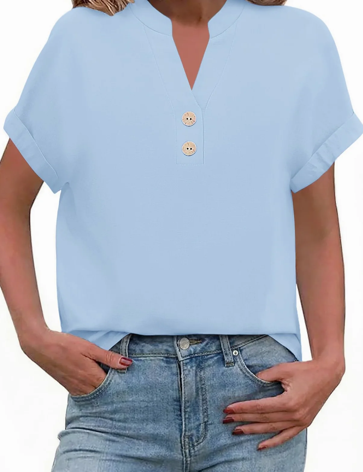 Bluzka damska muślinowa bluzka na lato, dekolt w serek, zapinana na guziki, elegancka, bawełna, len, koszula z krótkim rękawem, luźna bluzka koszulowa, basic, revers, tunika