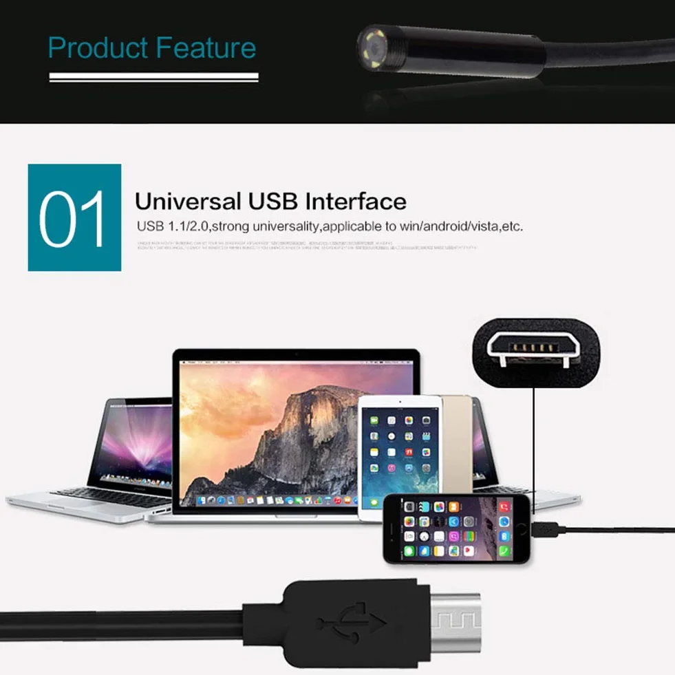 Endoskop, obiektyw szerokokątny 7 mm 2 m wodoszczelny 6 LED android endoskop mini USB cable endoscope