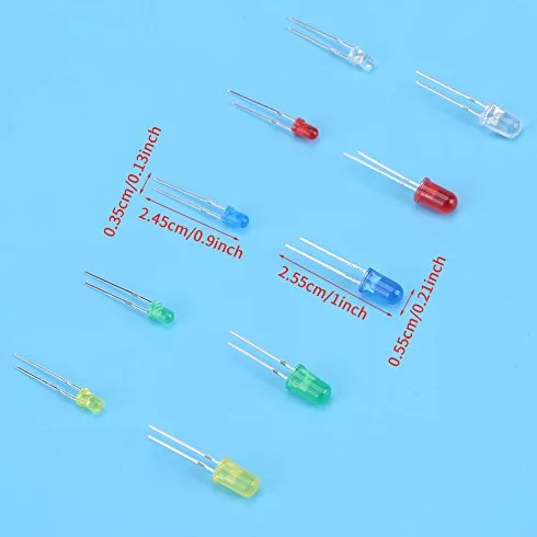 200szt. Diody LED 3mm i 5mm Diody elektroluminescencyjne LED Zestaw asortymentowy Komponenty elektroniczne Zestaw diod LED i rezystorów w różnych kolorach Czerwony Żółty Biały Zielony Niebieski