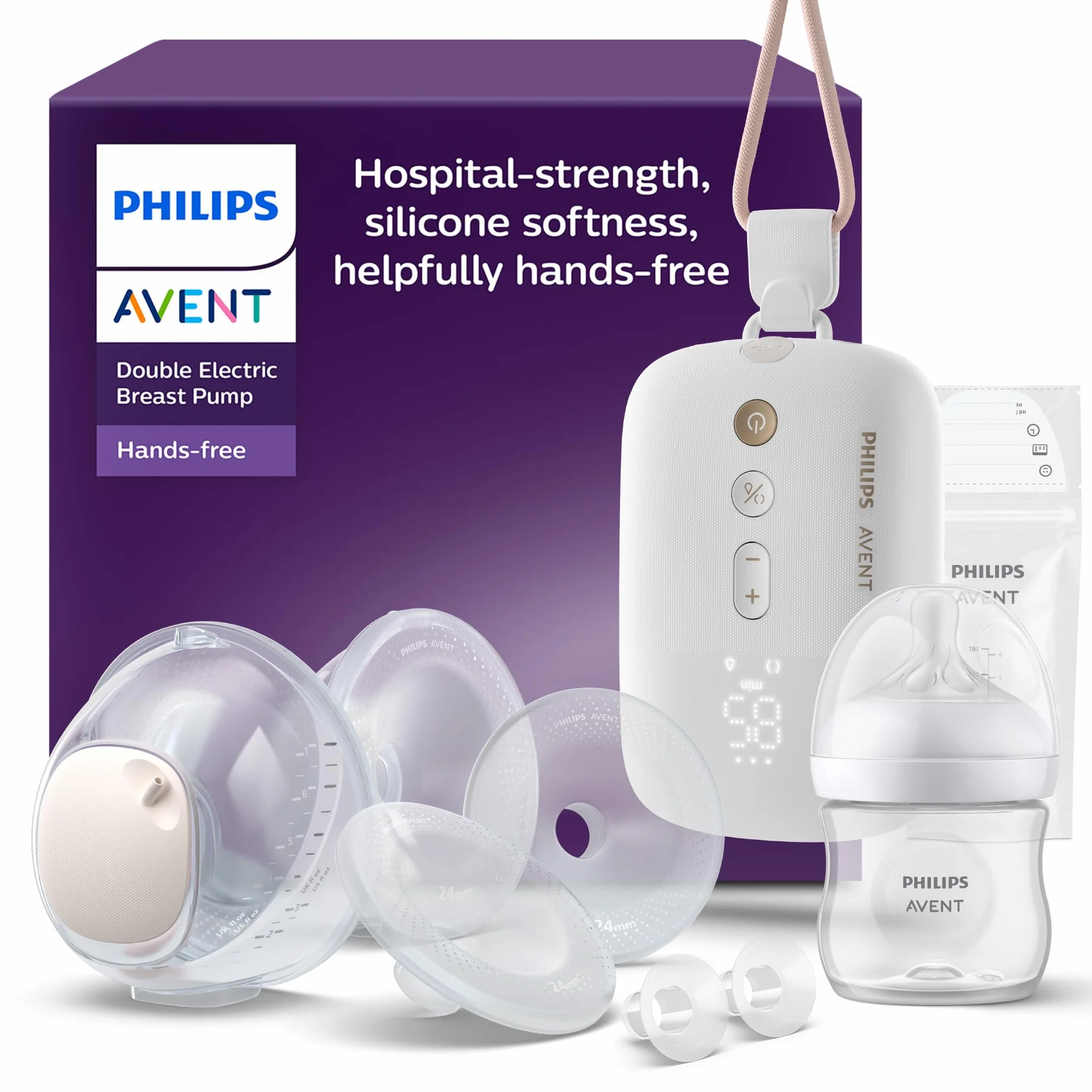 Philips Avent podwójny laktator elektryczny niewymagający użycia rąk, silnik klasy szpitalnej, naśladujący rytm picia dziecka, odciąganie pokarmu do 85 razy na minutę, SCF547/11
