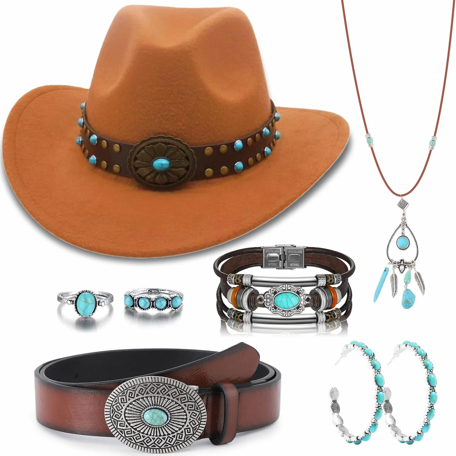 Zestaw 7 sztuk akcesoriów do kapelusza kowbojskiego dla kobiet, zestaw kostiumów western cowgirl z kapeluszami kowbojskimi, paskiem, naszyjnikiem boho, kolczykami, pierścionkami