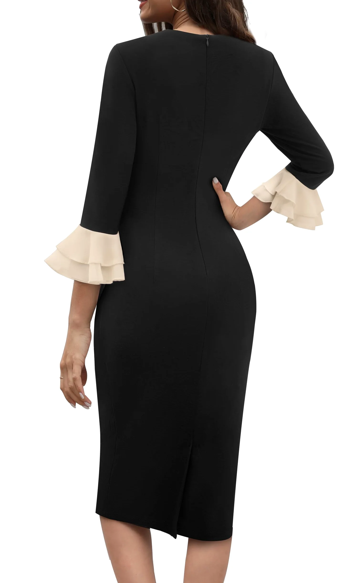 HOMEYEE Damska sukienka ołówkowa z okrągłym dekoltem 3/4 rękawy falbanki sukienka wieczorowa sukienka ołówkowa retro bodycon midi sukienka koktajlowa sukienka kopertowa B800
