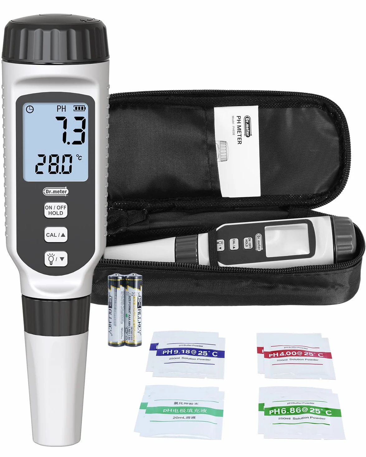 Miernik pH, Dr.meter miernik pH wody 0.01 Wysokoprecyzyjny miernik wartości pH z alarmowym wyświetlaczem LCD i automatyczną kompensacją temperatury dla wody, akwarium, stawu, basenu z proszkiem