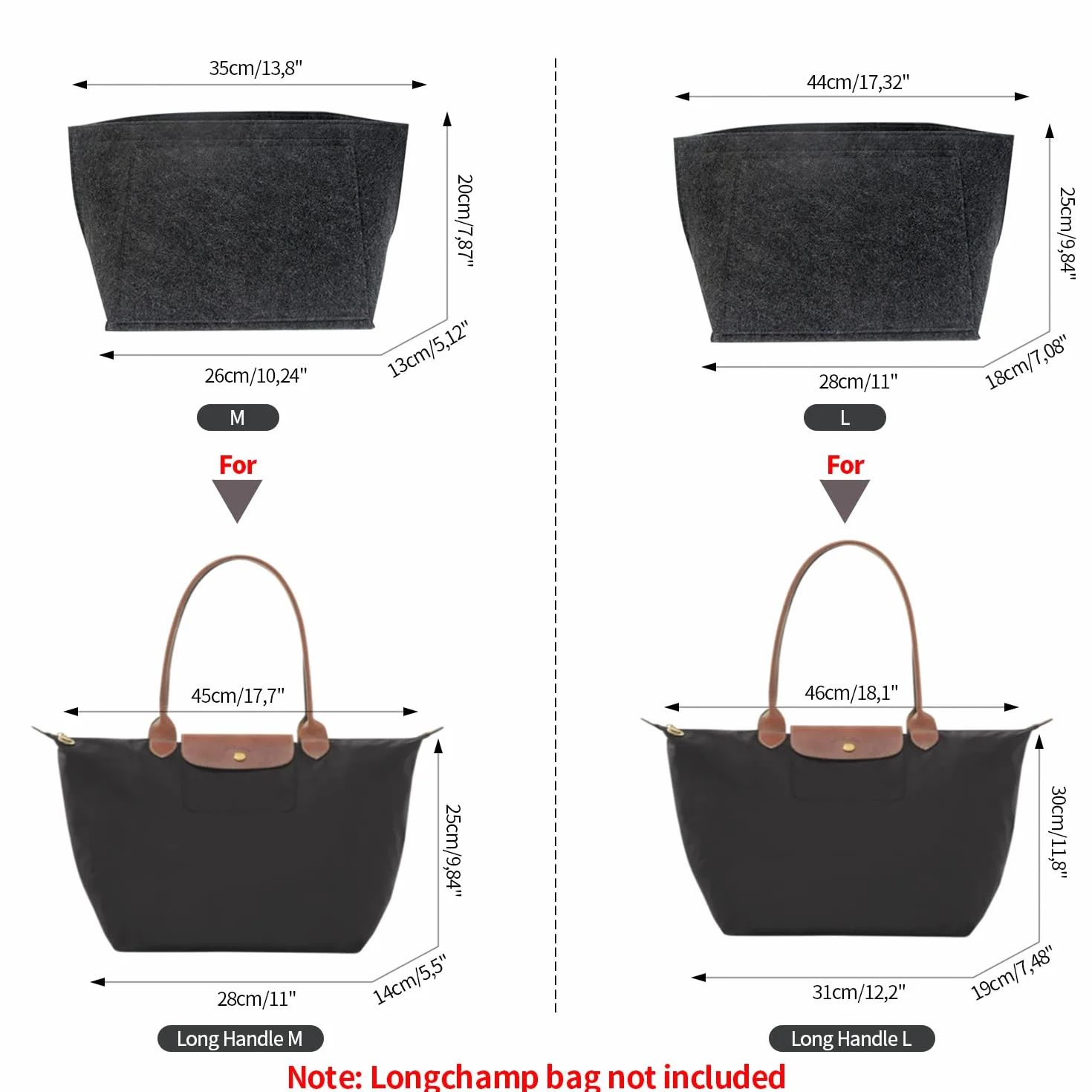 Longchamp Organizer kieszonkowy, filcowy, duża pojemność (ciemnoszary, M)