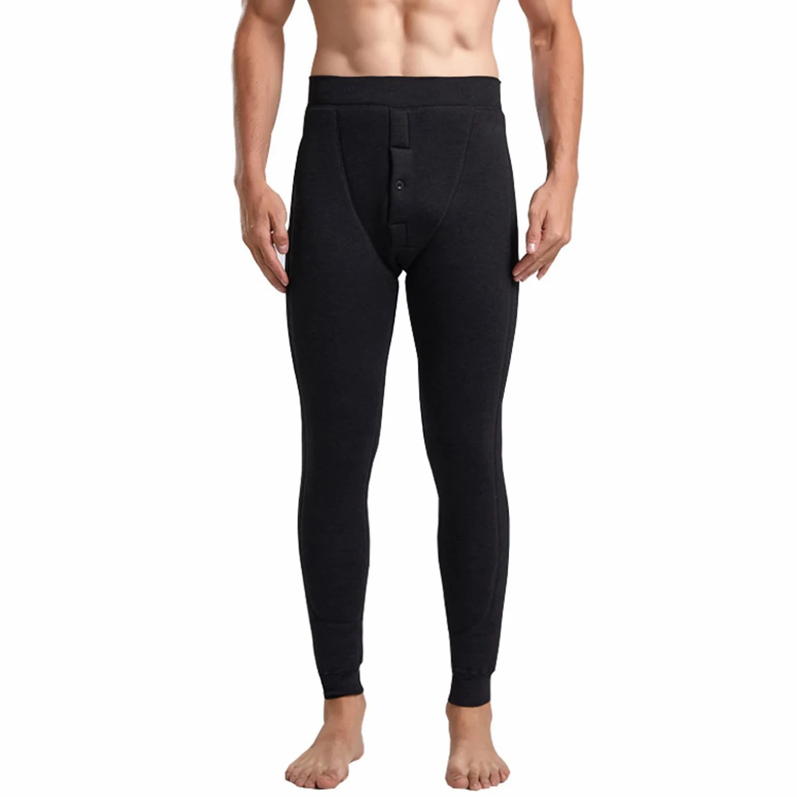 Męskie polarowe kalesony termiczne z wysokim stanem - ciężkie zimowe legginsy z ciepłą podszewką, spodnie dresowe warstwa bazowa joggery, czarne, rozmiar 3XL