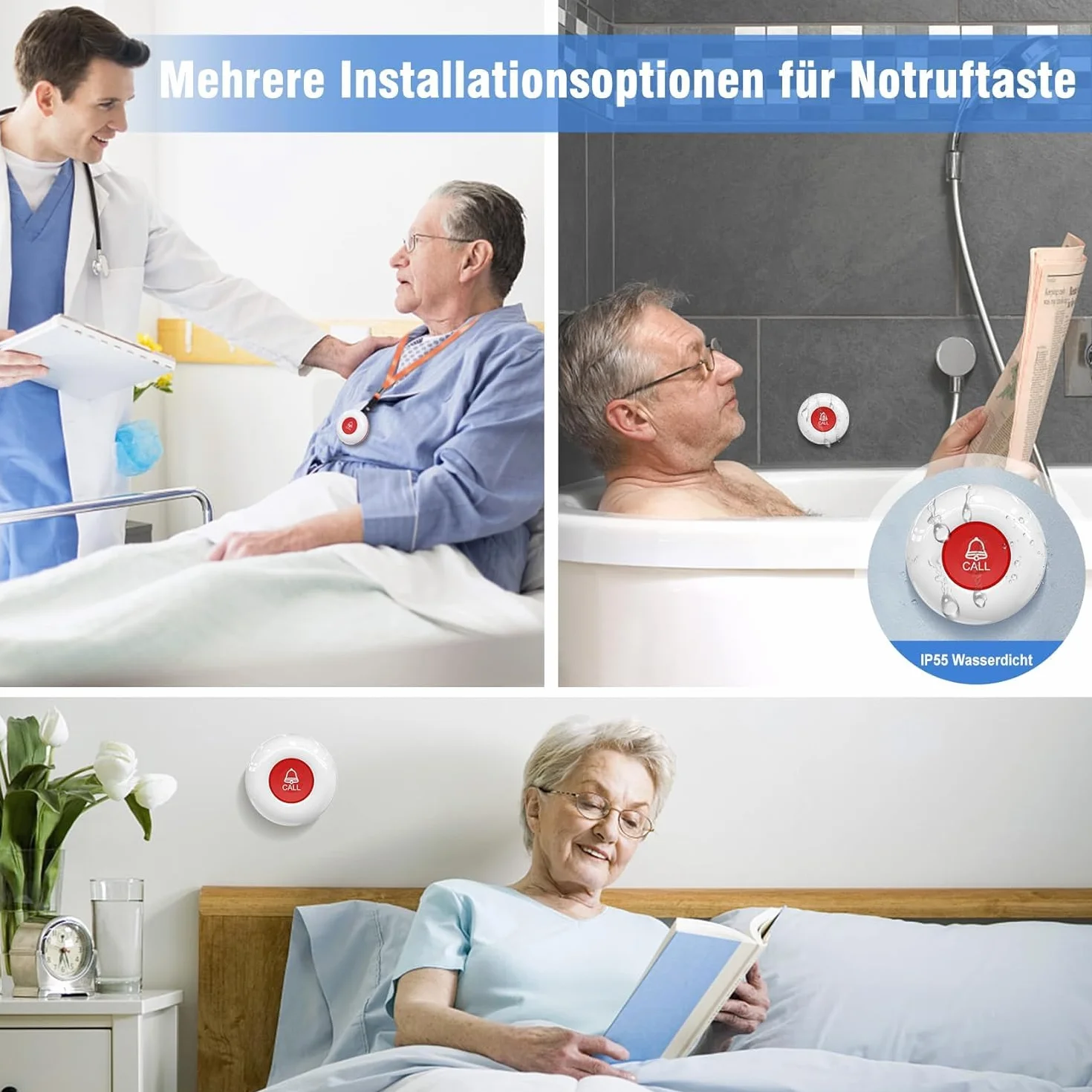 Daytech przycisk alarmowy dla seniorów/połączenia alarmowego z bransoletką alarmową do pielęgnacji domowej, bransoletka dla seniorów wymagających opieki (2 x odbiornik + 1 x nadajnik)