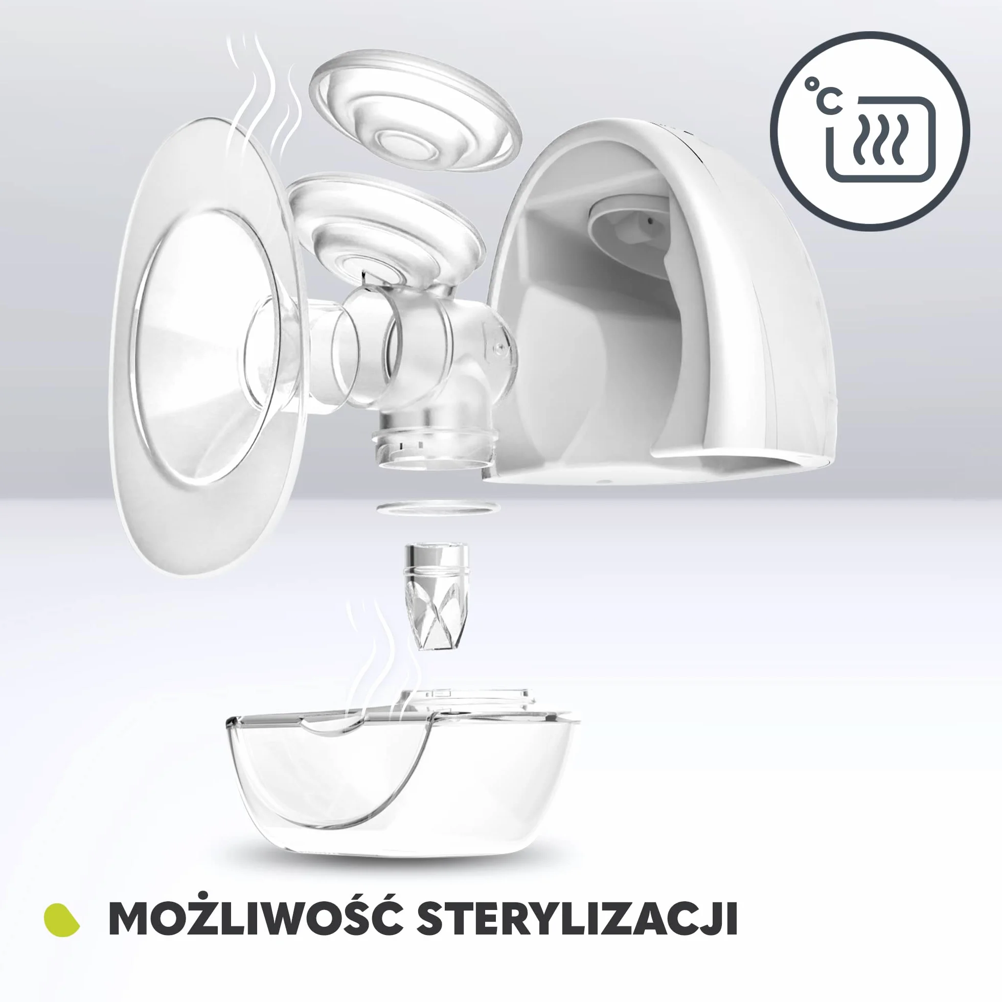 LIONELO Fidi Free Laktator Muszlowy Hands-Free 2 Tryby Pracy Funkcja Masażu 5 poziomów intensywności 3 rozmiary silikonowych lejków Pojemność 150 ml Energooszczędny Cicha Praca Timer