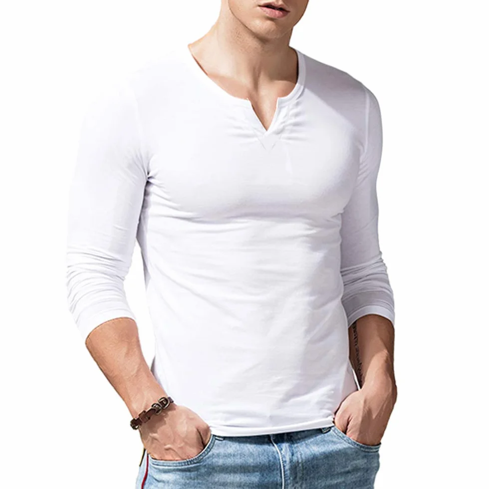 Męska koszulka Henley z długim rękawem slim fit bawełna