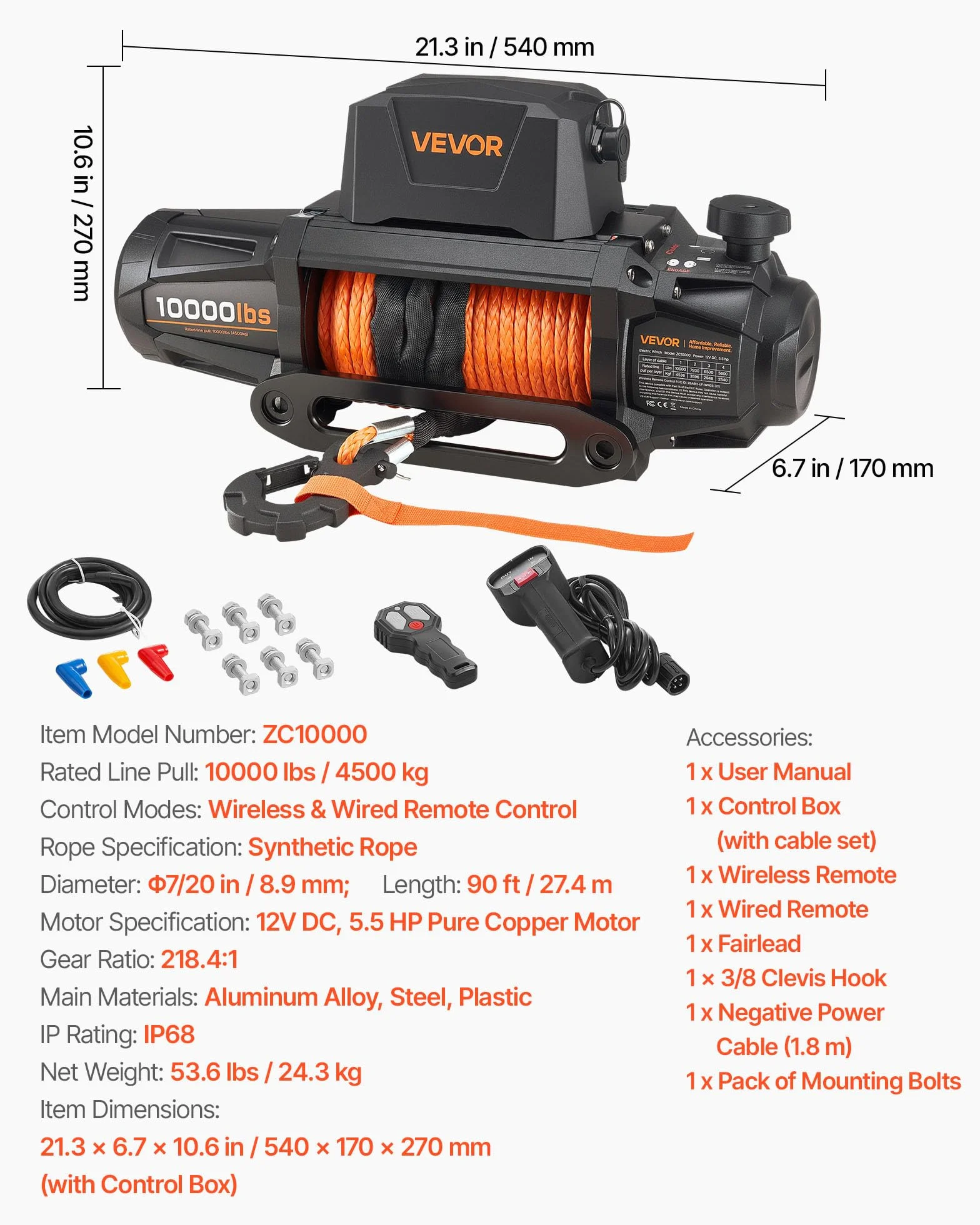 VEVOR Wciągarka elektryczna, pojemność 4500 kg, wciągarka do ciężarówek 12 V DC z liną syntetyczną Φ8,9 mm x 27,4 m, bezprzewodowy i przewodowy pilot zdalnego sterowania, IP67 do holowania SUV, Jeepa