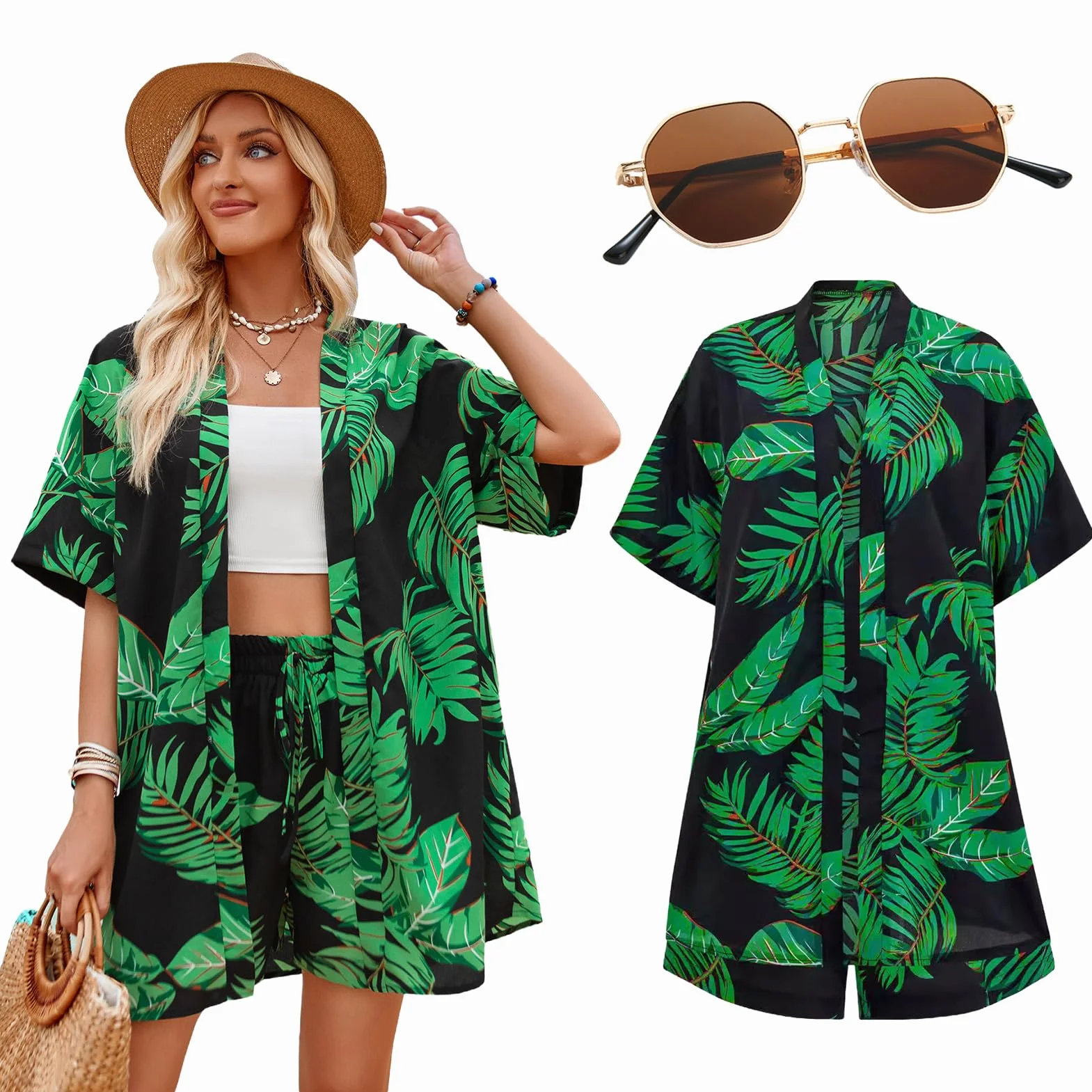 Damskie hawajskie stroje na imprezę, lato, wakacje, fantazyjna koszula i szorty, zestaw, tropikalna plaża, na co dzień, Aloha, garnitury z krótkim rękawem, okulary przeciwsłoneczne