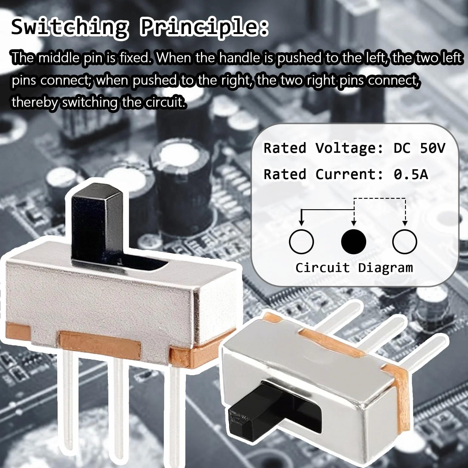 Przełącznik suwakowy 0,5 A 50 V DC, przełącznik suwakowy, 3-pinowy mini przełącznik 2-pozycyjny, do projektów elektronicznych, przełącznik pionowy 0,5A, zespoły DIY