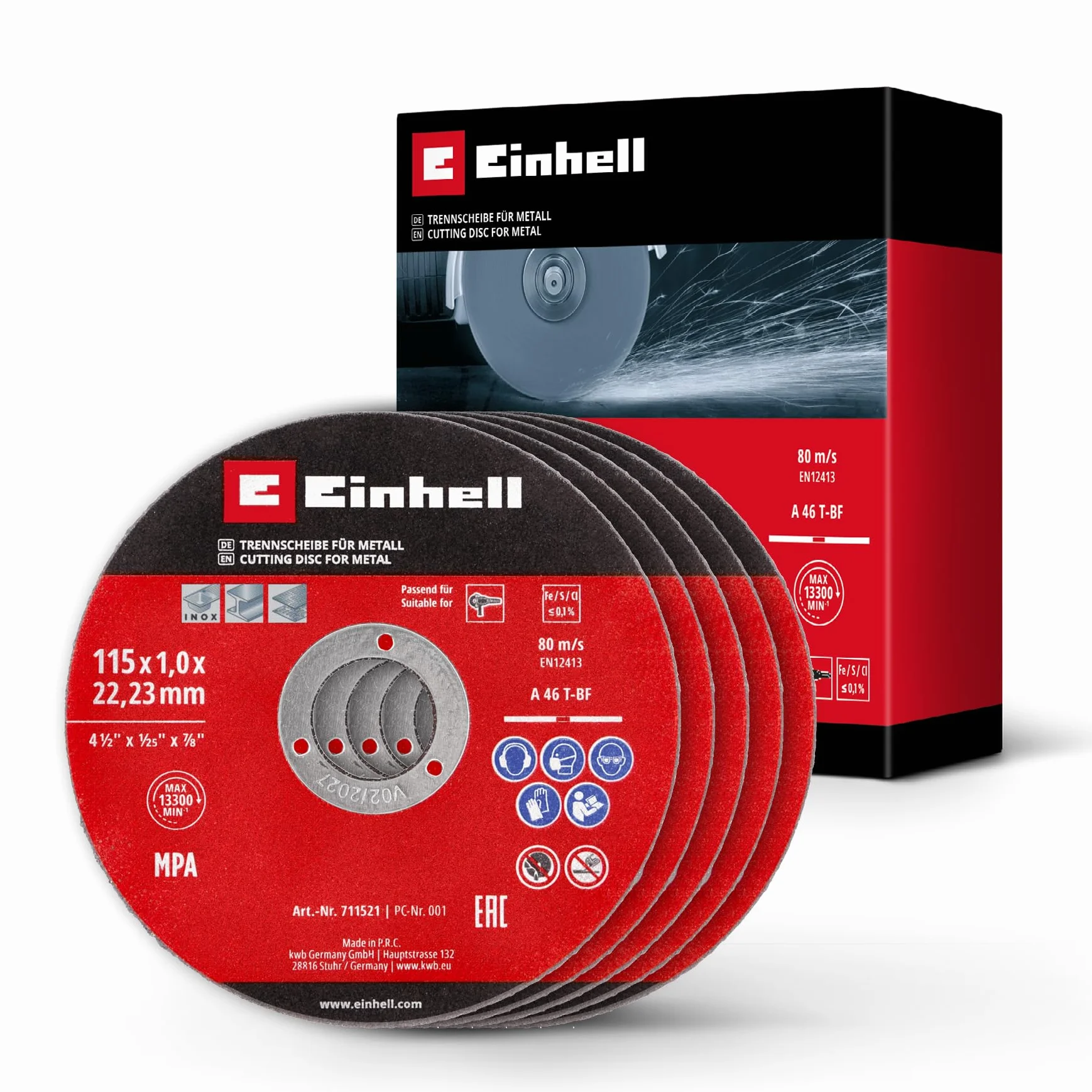 Einhell oryginalny zestaw 5 szt. cienkich tarcz do cięcia metalu, Ø 115 mm (grubość 1 mm, certyfikat MPA, długa żywotność, precyzyjne cięcie, niskie grzywki, do szlifierek kątowych)