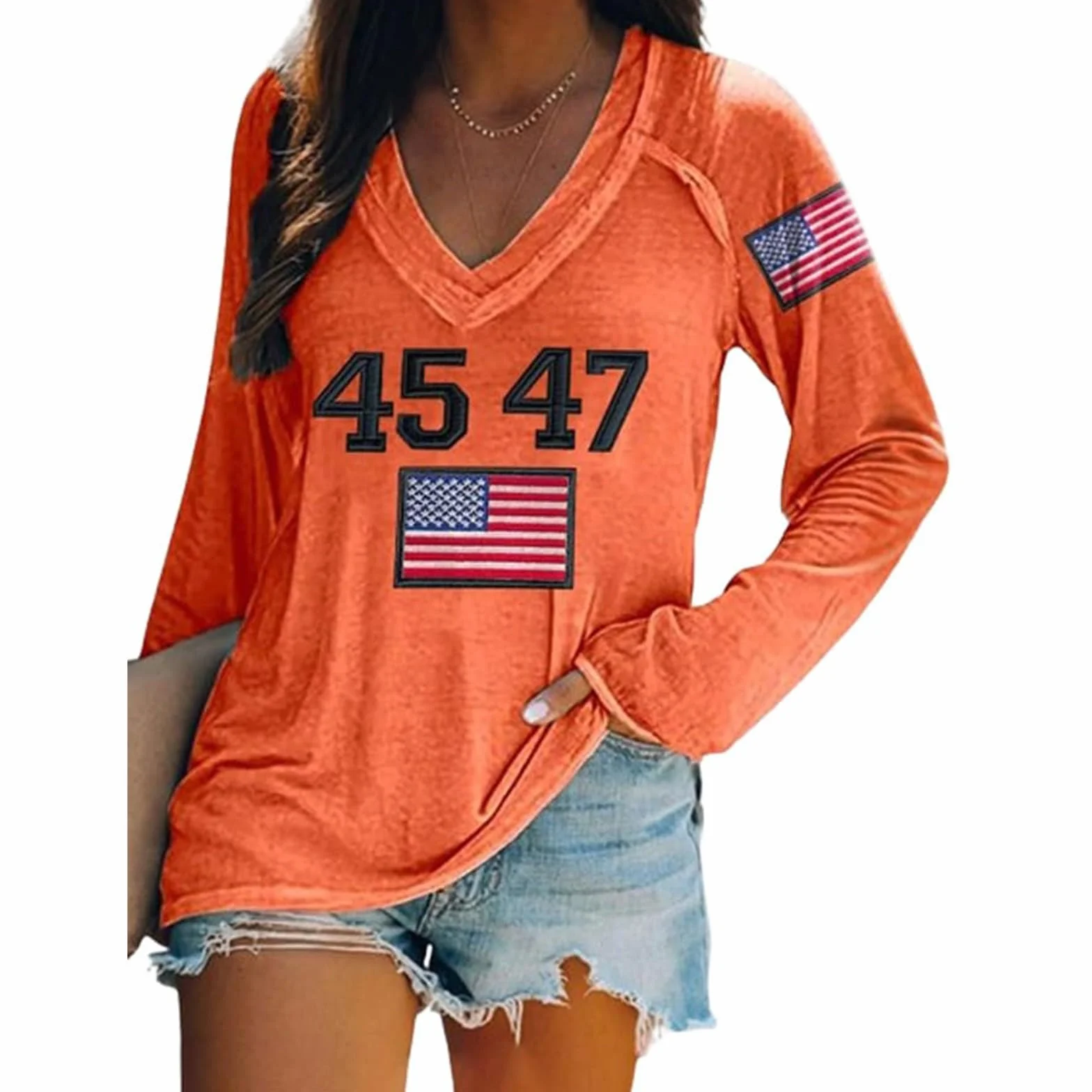 Damska bluza USA amerykańska flaga oversize sweter z okrągłym dekoltem długi rękaw vintage