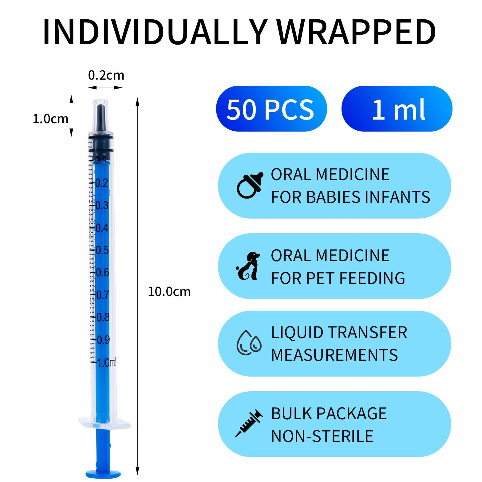 50 szt. 1 ml strzykawek bez igły, mililitr laboratoryjne, plastikowe (bez igieł)