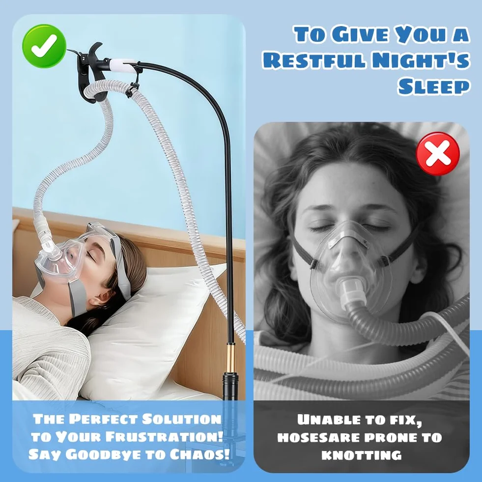 CPAP uchwyt na wąż z 3 klipsami, regulowane ramię wychylne, 360°, bez plątania się, elastyczny, wytrzymały