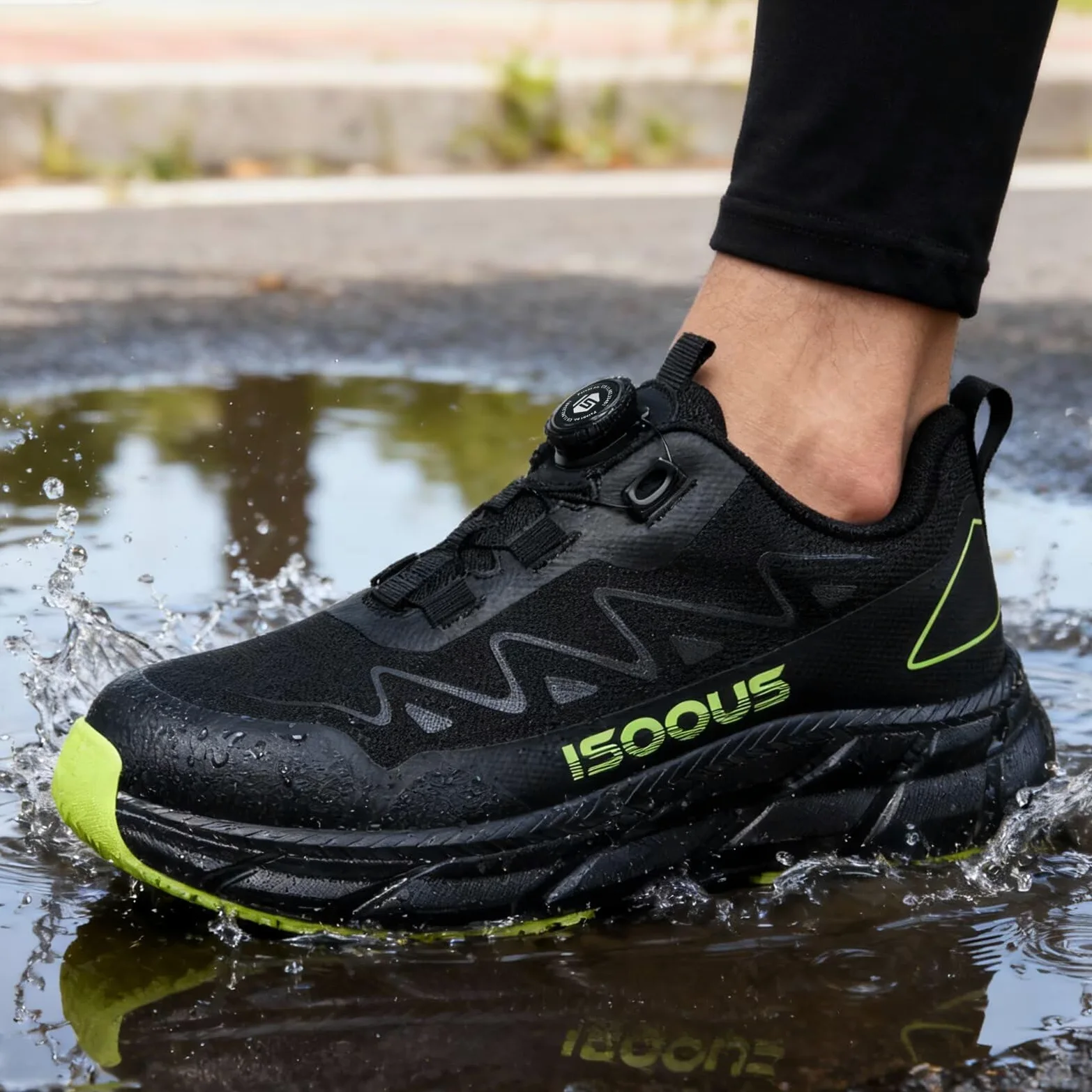 ISOOUS Buty ochronne męskie S3S, wodoodporne, damskie, ESD, lekkie, z zapięciem obrotowym, antypoślizgowe, wygodne, ze stalowym noskiem, czarny, zielony, 46 EU