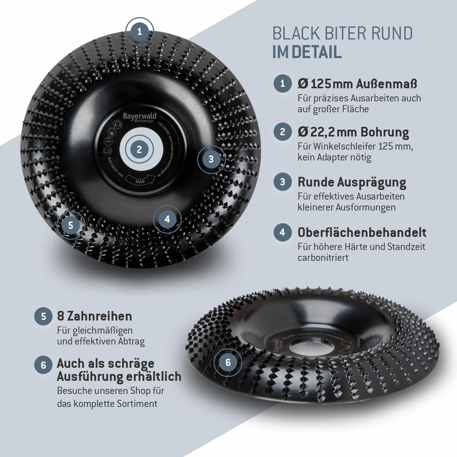 Bayerwald "Black Biter" zakrzywiona/okrągła – tarcza ścierna - Ø 125 mm x 22,2 mm | szybkie, grube szlifowanie drewna i materiałów drewnopochodnych | do szlifierek kątowych