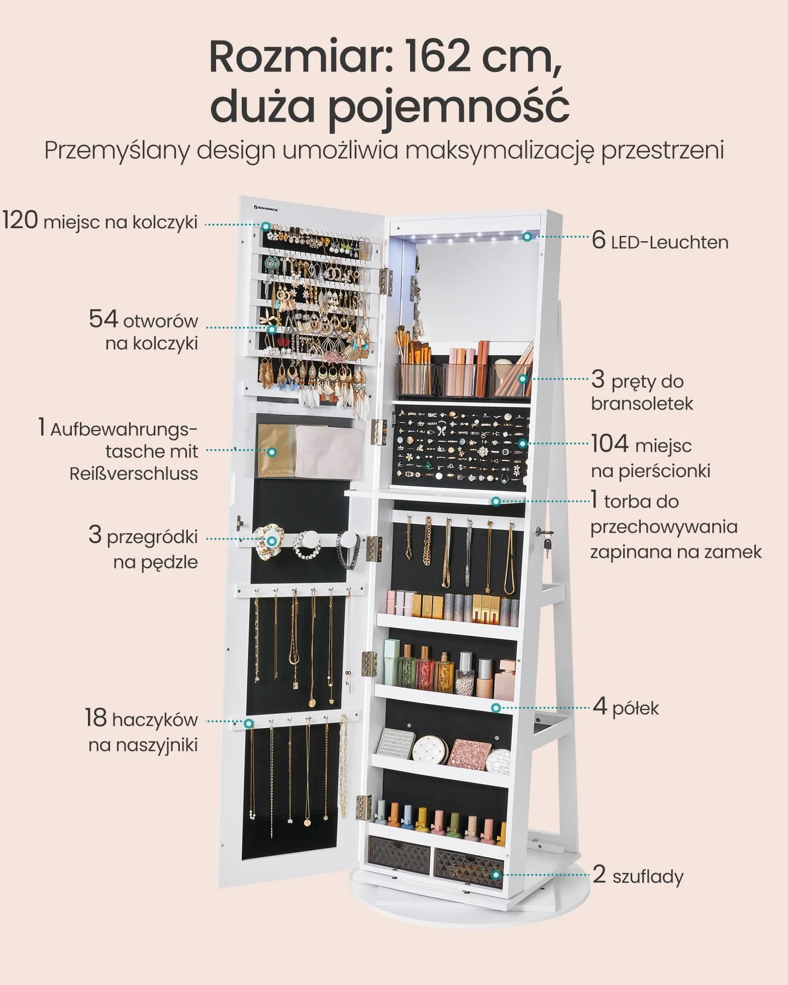 SONGMICS Szafa na biżuterię, szafa lustrzana, z lustrem bez ramy na całej długości, 3 półki, obracana o 360°, zamykana, biała JJC007W01