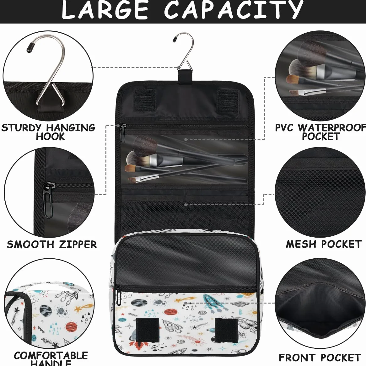 Układ Słoneczny Planeta Podróżna Kosmetyczka Kreskówka Planeta Mycie Torba Unisex Wiszące przybory toaletowe Kosmetyczka Organizer do makijażu, wielobarwny, Jeden rozmiar