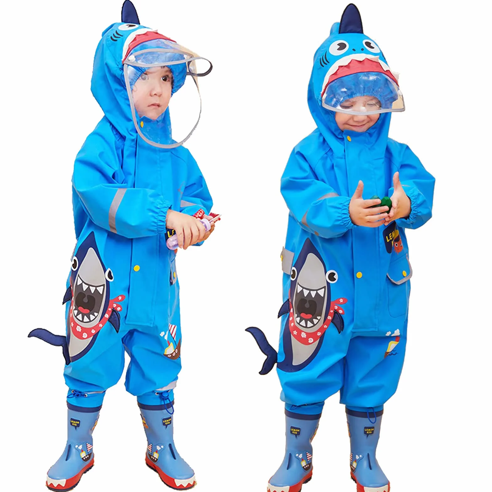 JinBei Garnitury dziecięce dla chłopców i dziewcząt wszystko w jednym, wodoodporne płaszcze przeciwdeszczowe z kapturem unisex, lekkie, urocze wzory 3D, kombinezony przeciwdeszczowe, oddychające
