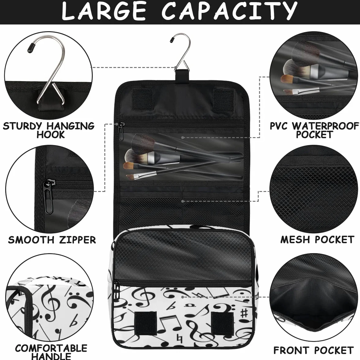 Nuty Muzyka Podróżna Kosmetyczka Czarne Nuty Mycie Torba Unisex Wiszące przybory toaletowe Kosmetyczka Organizer do makijażu, wielobarwny, Jeden rozmiar