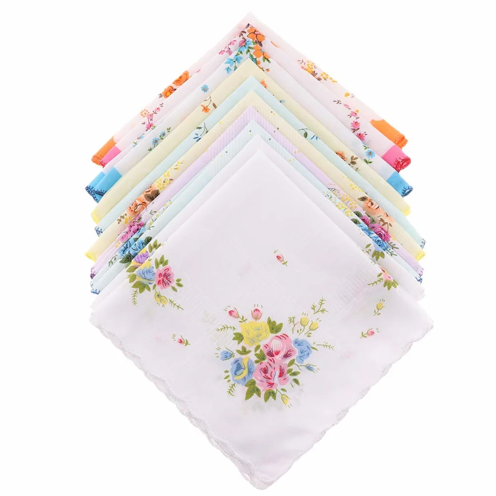 zalati Hankies 10 szt. damskie kwadratowe z wielokolorowymi kwiatami, miękkie chusteczki na imprezę w stylu vintage, losowy kolor i styl, wielobarwny, Rozmiar uniwersalny