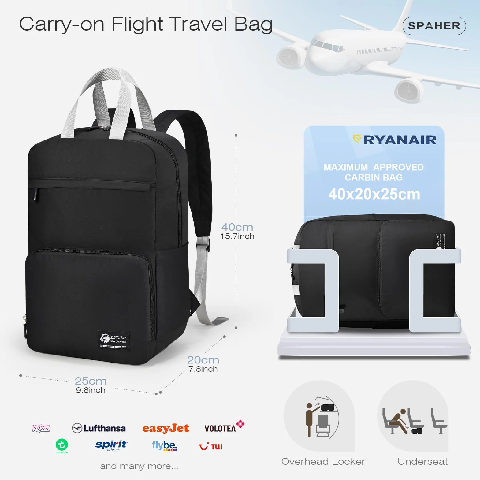 SPAHER Ultralekki Składany Plecak Podróżny 40x20x25cm Ryanair 20L Mały Plecak Kabinowy Samolotem Pod Siedzeniem Plecak Laptopa 14 Calowy dla Uniwersytecki Mężczyzn Kobiety， Czarny
