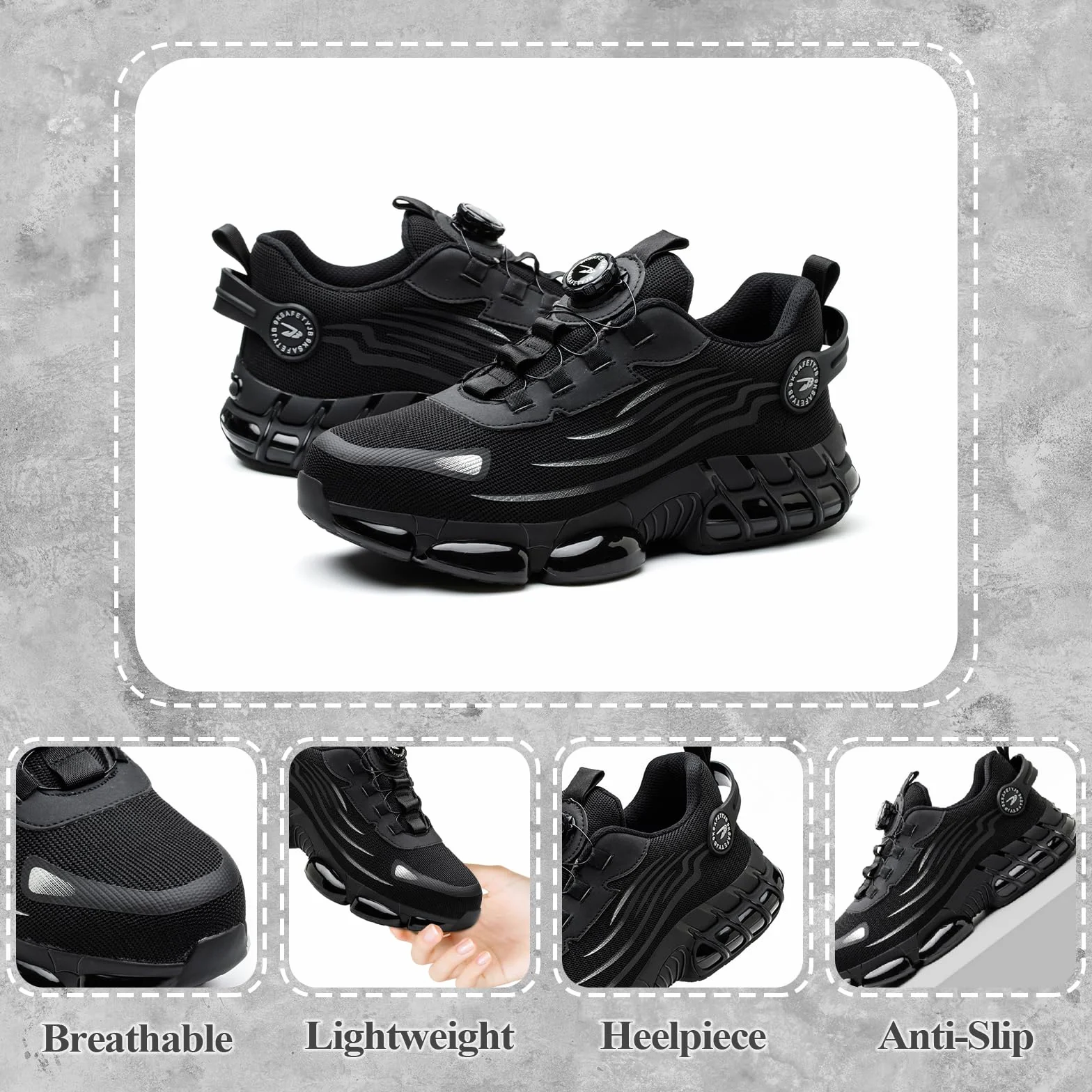 Męskie i Damskie Buty Ochronne Ze Stalowym Noskiem Lekkie Wygodne Obrotowe Sznurowadła Antypoślizgowe Oddychające z Poduszką Powietrzną Rozmiar Black 36 EU