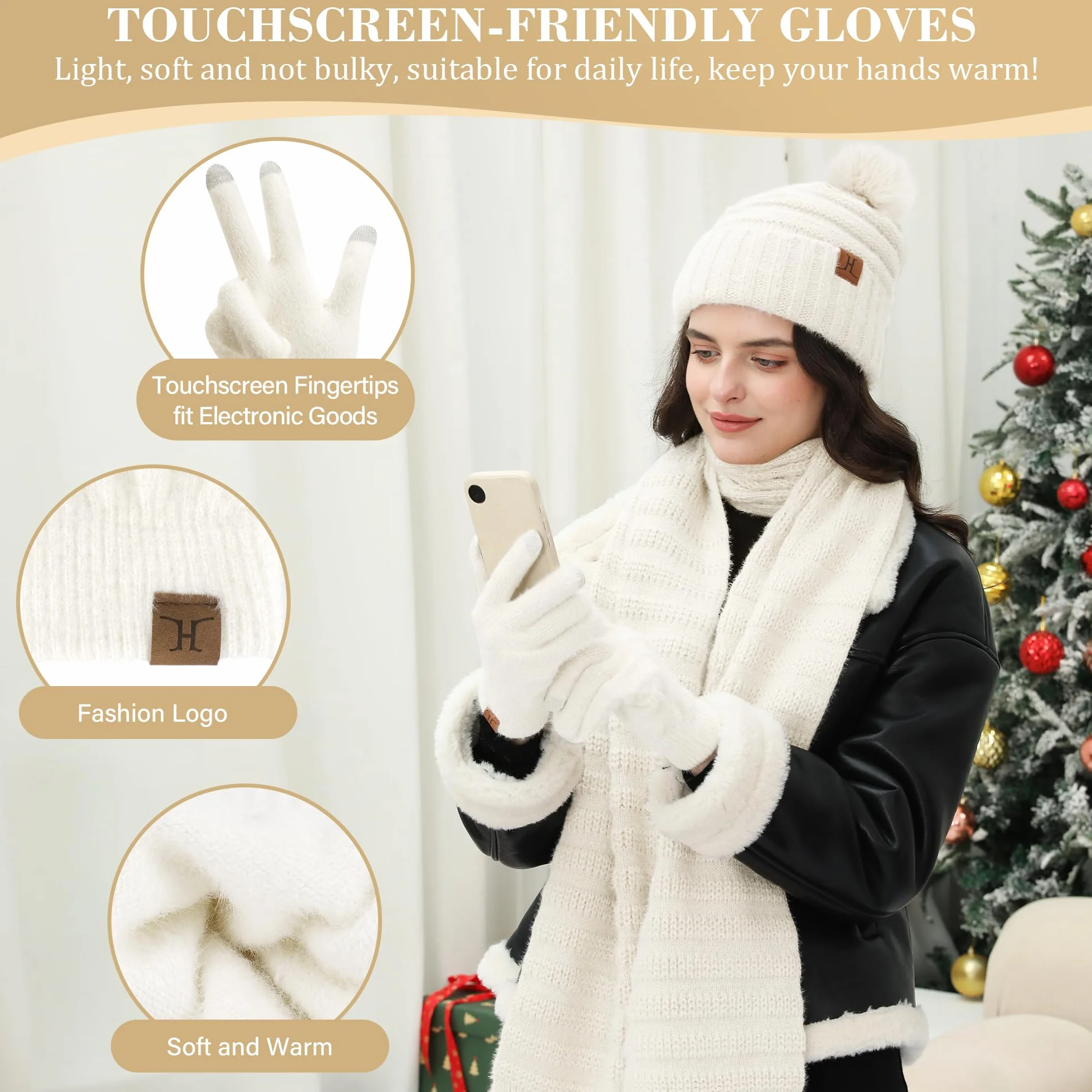 Zimowa damska czapka, szalik, rękawiczki z podszewką polarową, ciepła czapka zimowa, czapka z dzianiny, czapka beanie z pomponem, rękawiczki zimowe, długie szaliki, dla kobiet, prezent na Boże