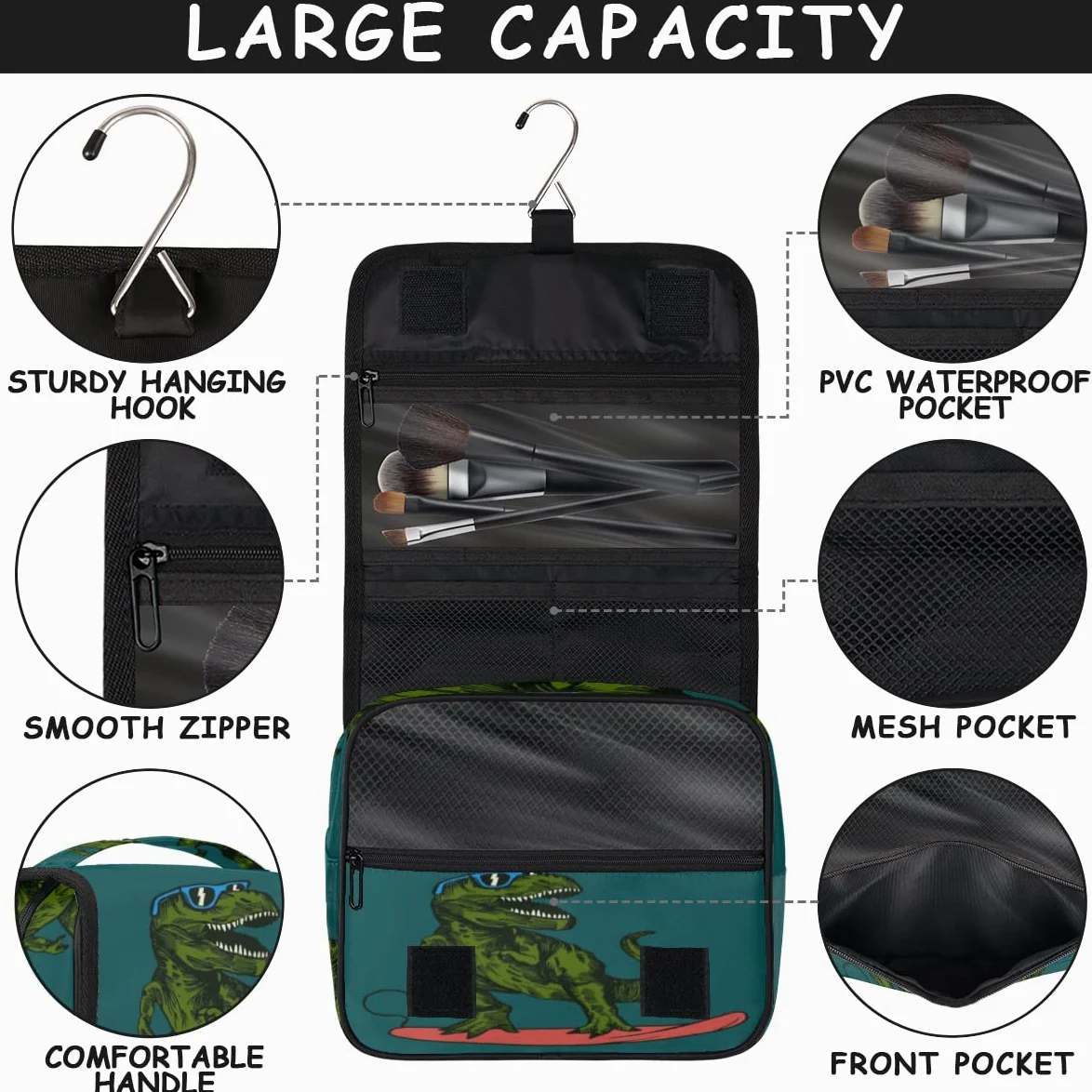 Dinozaury Podróżna Kosmetyczka Śliczne Zwierzę Mycie Torba Unisex Wiszące przybory toaletowe Kosmetyczka Organizer do makijażu, wielobarwny, Jeden rozmiar