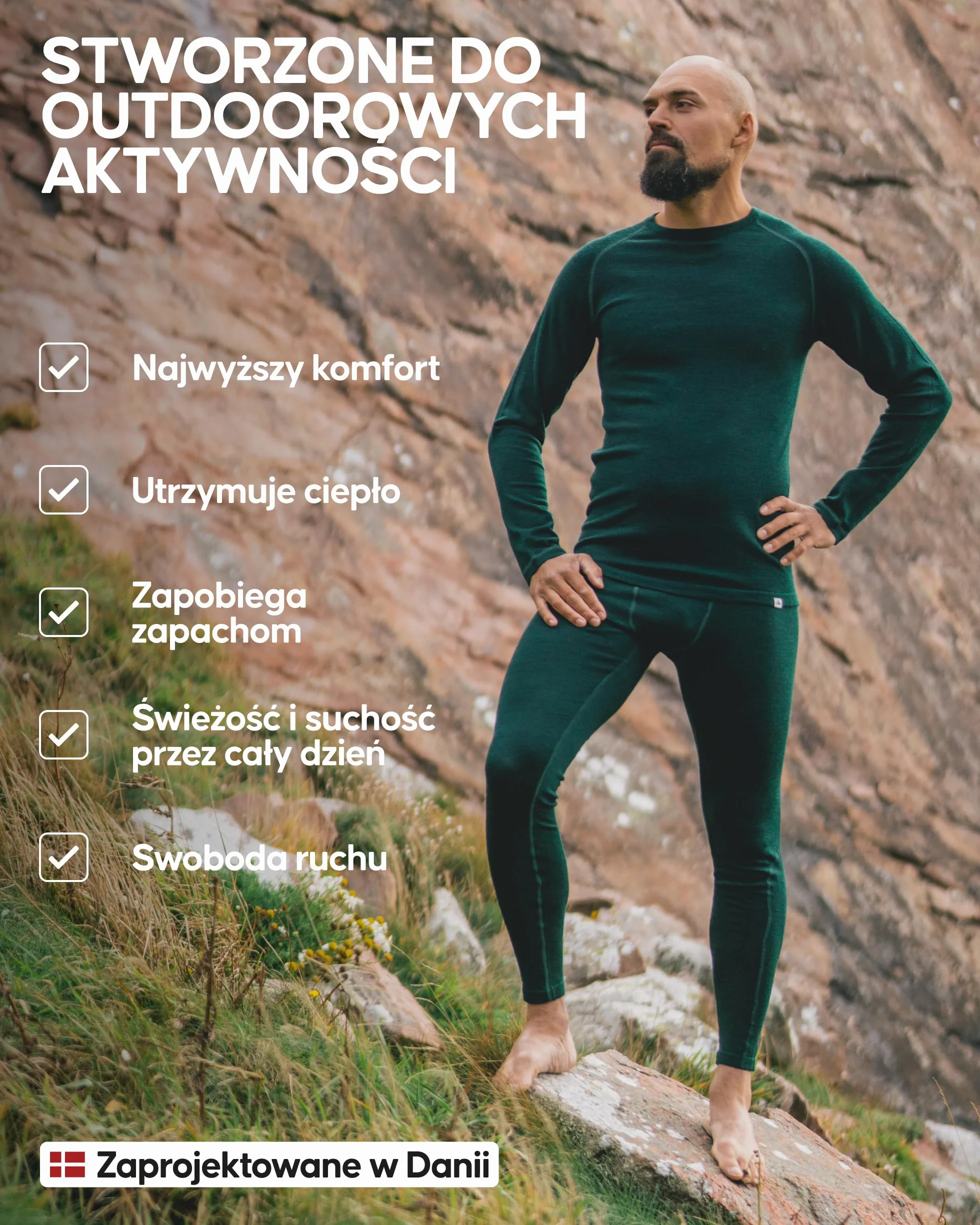 DANISH ENDURANCE Bielizna Termoaktywna Merino, Długie Kalesony Męskie, Wełna Merino, Zestaw Termoaktywny, Odzież Termiczna na Zimę