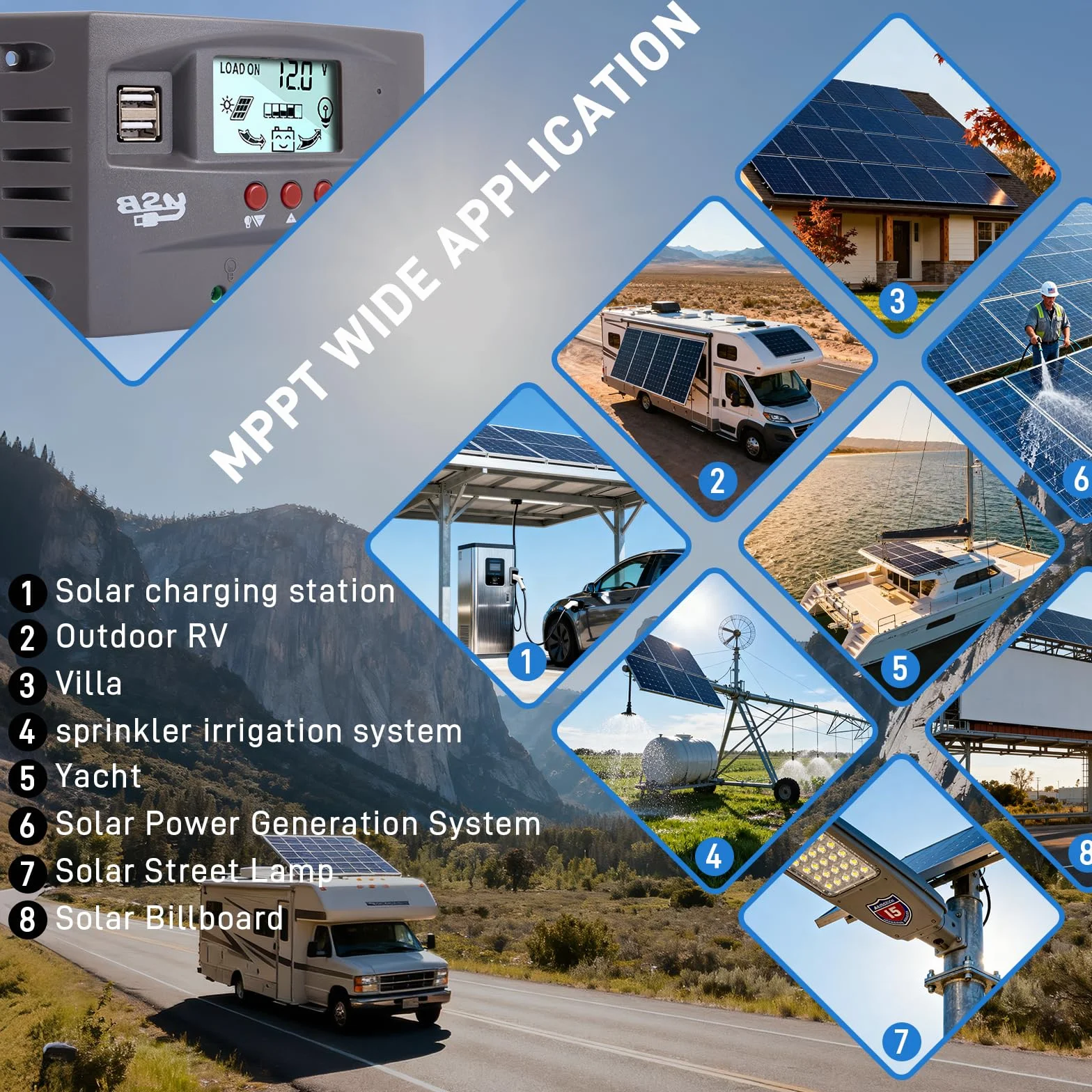 Yoving MPPT 100 A regulator ładowania słonecznego wodoodporny do systemów solarnych 12 V/24 V, wyświetlacz LCD (panel słoneczny, bateria, samochód kempingowy), ciemnoszary