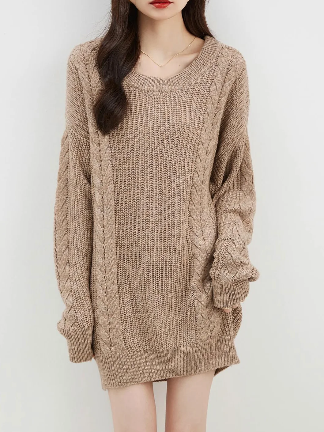 Disimlarl Damski sweter oversize, jesienno-zimowy, ciepły sweter z okrągłym dekoltem, długi rękaw, dzianinowy, długi sweter, wełniany sweter
