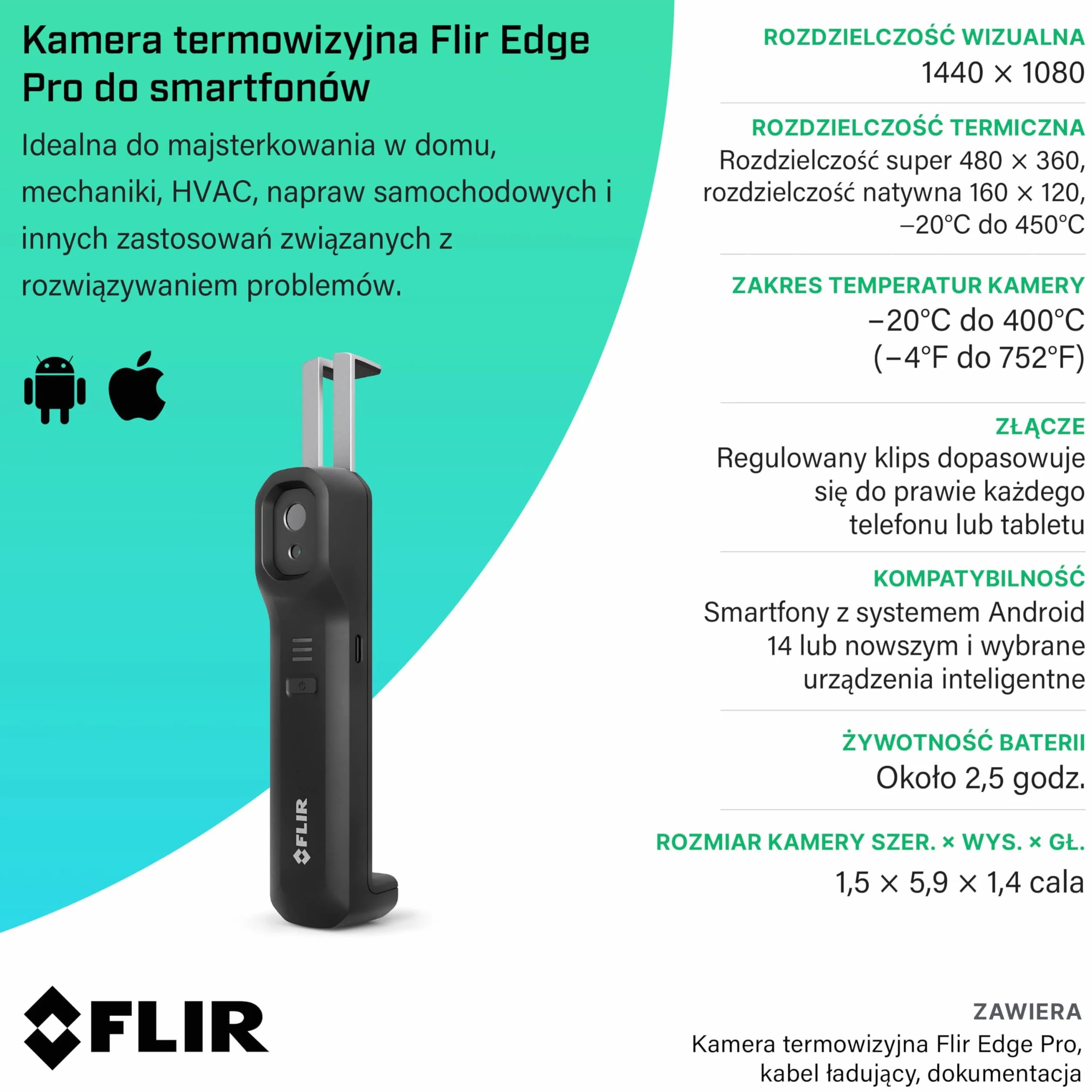 FLIR EDGE Pro - Bezprzewodowa Kamera Termowizyjna Bluetooth Do Smartfonów, Kompatybilna Ze Wszystkimi UrząDzeniami Z Systemem iOS I Android, Superrozdzielczość 320x240 (Natywna Podczerwień 160x120)