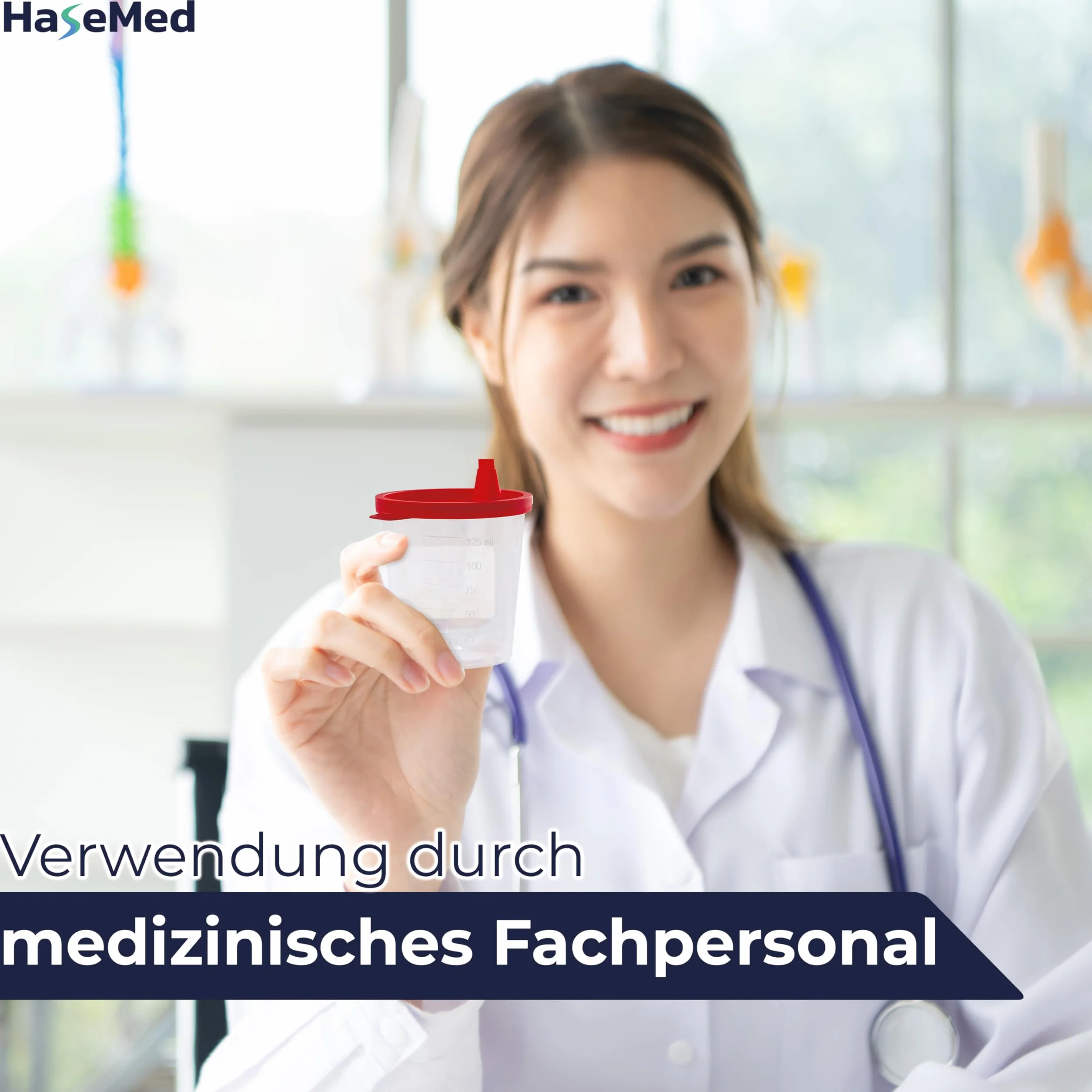 HaseMed kubek na mocz 125 ml – 3 sztuki kubków na próbki z czerwoną pokrywką – szczelny, można układać w stos i higieniczny, do próbek moczu, materiałów laboratoryjnych, gabinetów lekarskich, kliniki