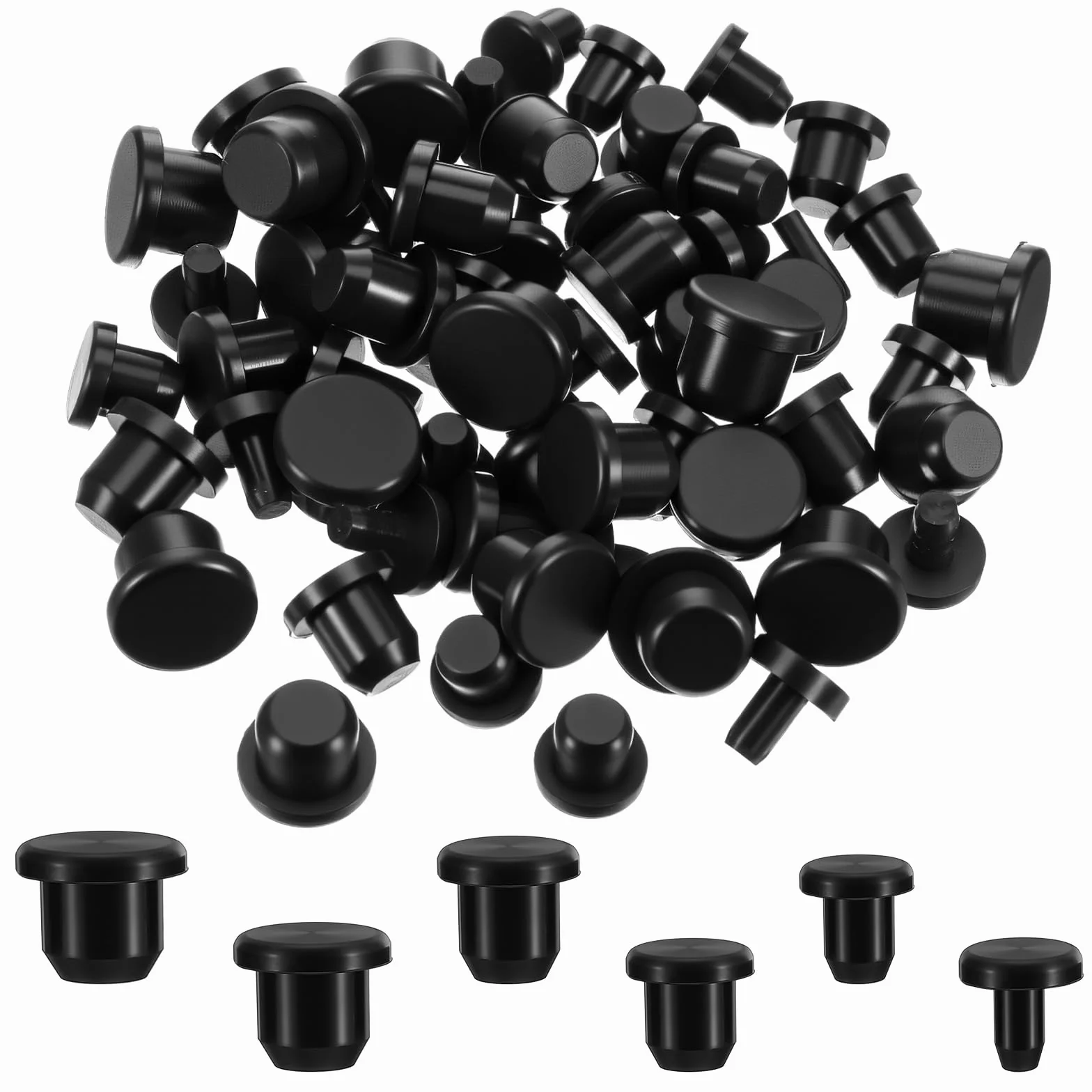 60 sztuk gumowych zatyczek okrągłych, 6 rozmiarów, wodoszczelne silikonowe zatyczki do otworów, 4 mm/5,5 mm / 6,5 mm / 7,5 mm / 8,5 mm / 9,5 mm, zaślepki do butelek, rur, mebli (czarne)