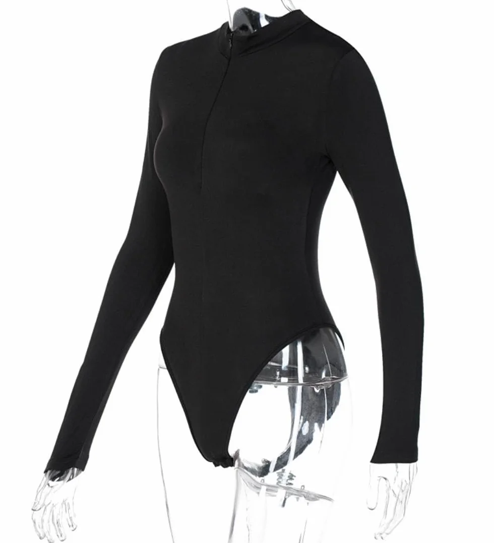 Body damskie z długim rękawem, seksowny golf, dekolt w serek, body slim fit, kombinezon z zamkiem błyskawicznym z przodu, rozciągany, trykot, szykowny garnitur, codzienny ubiór