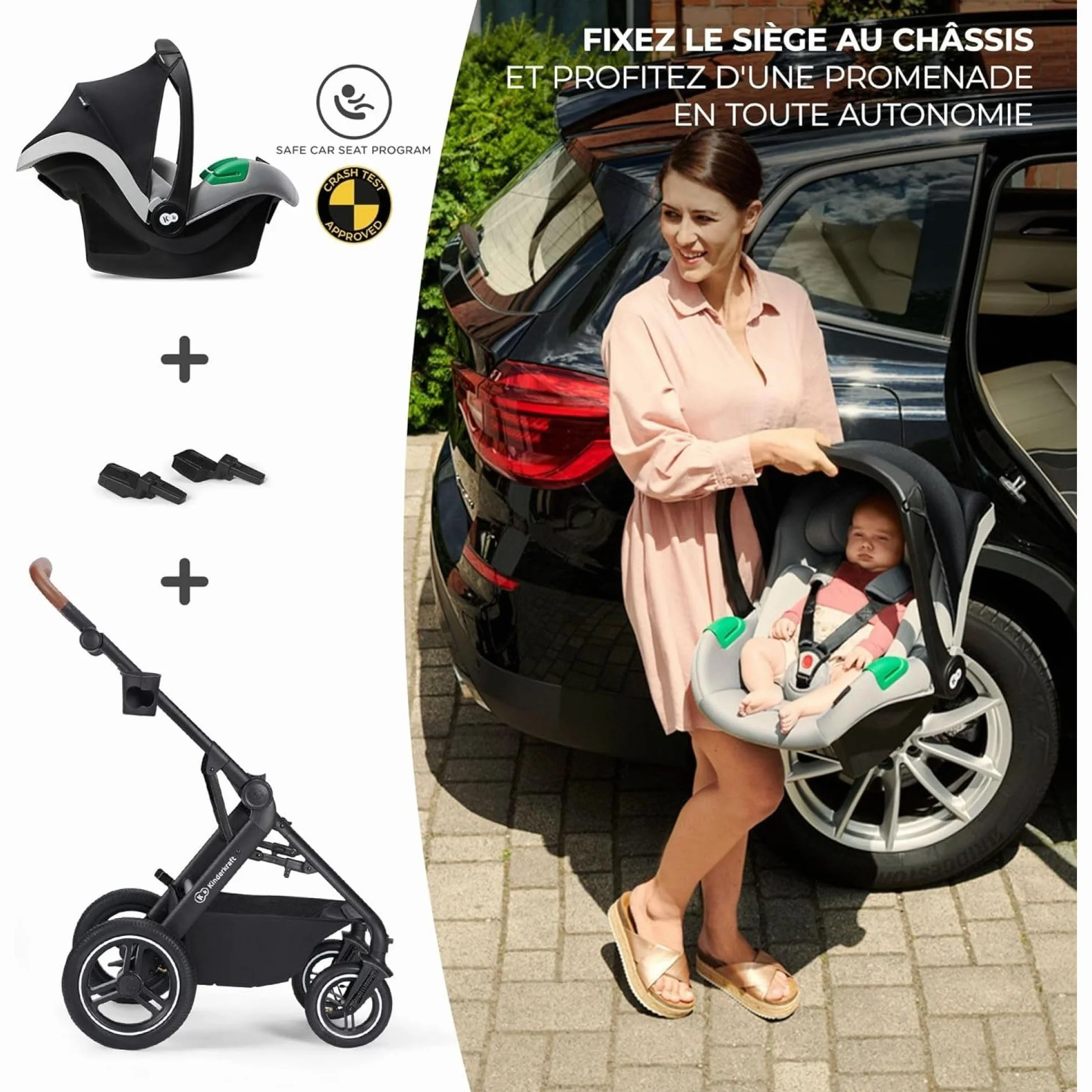 Kinderkraft B-TOUR Wózek dziecięcy Trio Niemowlęta 3 w 1 22 kg, System modułowy, z Ovetto I-size 40-75 cm, Składany, Siedzenie XL, Wodoodporny filtr UPF50+, Pozycja Banna, Szary