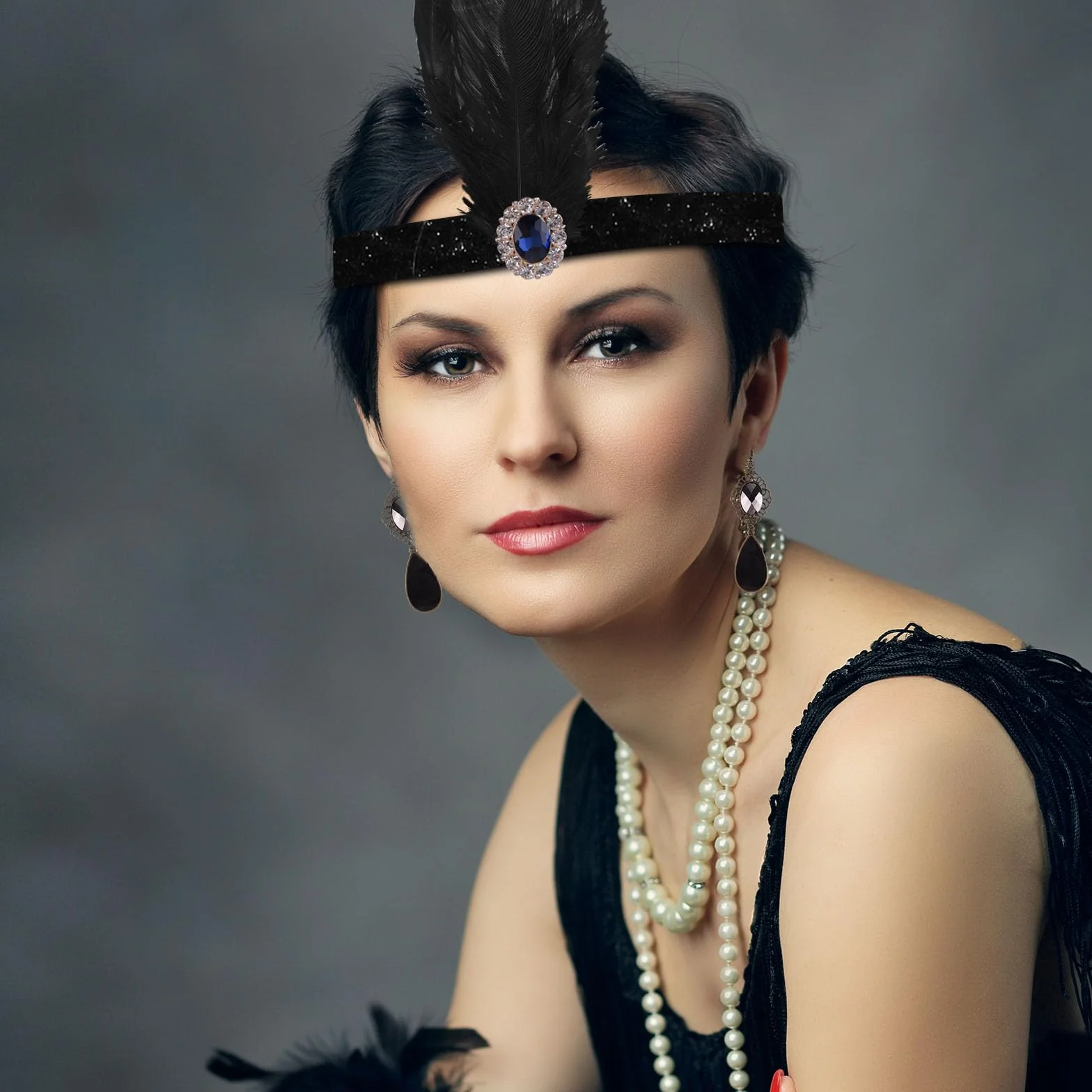 FEPITO zestaw 8 akcesoriów Great Gatsby z piórami, opaska na czoło, długie czarne rękawiczki, naszyjnik, kolczyki dla kobiet