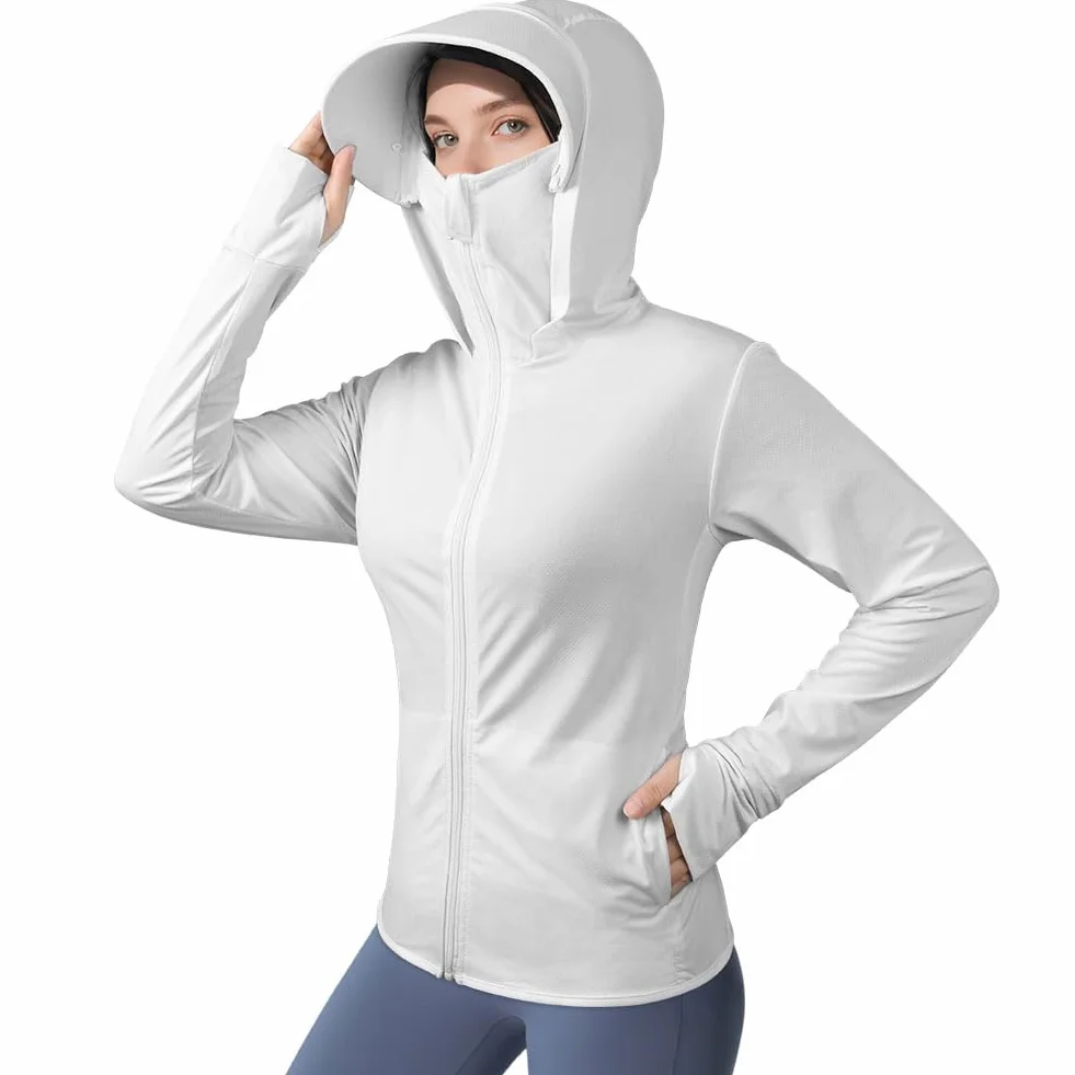 AUYAO Damska bluza z kapturem UV, damska bluza z długim rękawem, lekka bluza z zamkiem błyskawicznym, z kieszeniami, damska letnia kurtka sportowa UPF 50+, outdoorowa bluza anty-UV do fitnessu