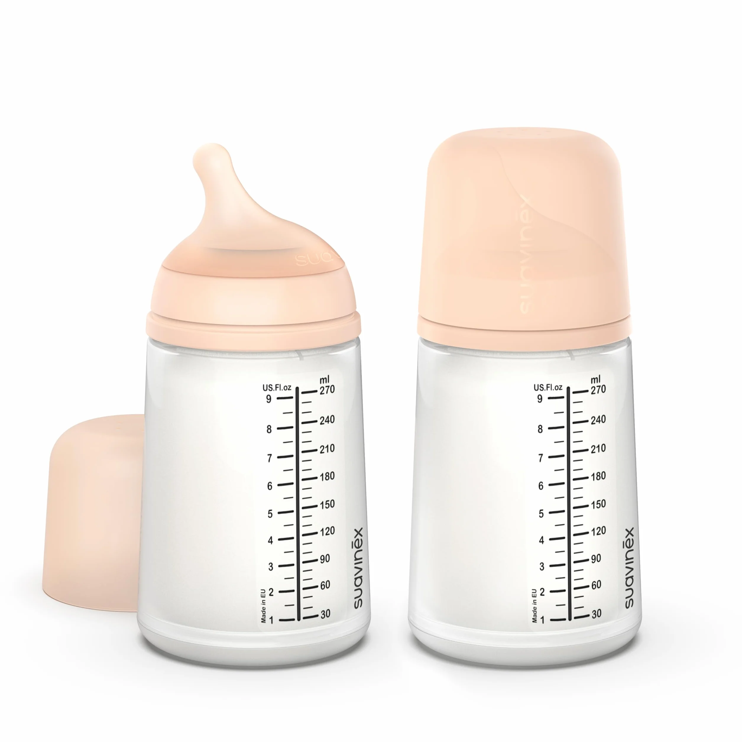 Suavinex, Zestaw 2 butelek antykolicowych o zerowym przepływie 270 ml i smoczek o średnim przepływie (M) silikonowy, +3 miesiące, mleko matki ze wzoru, płyny o średniej gęstości, kompatybilne z