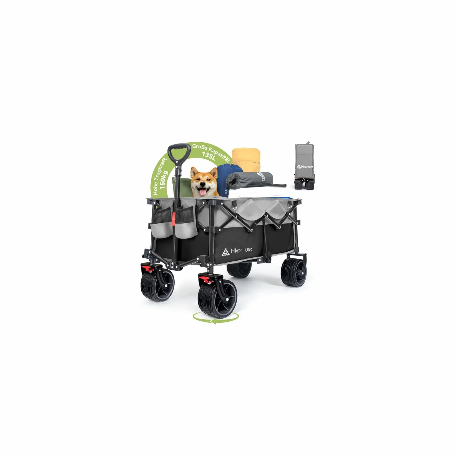 HIKENTURE Składany wózek transportowy, 135 l, obciążenie 150 kg, wózek transportowy składany z szerokimi oponami, składany wózek ręczny z hamulcami, wózek na zakupy, kolor czarno-szary