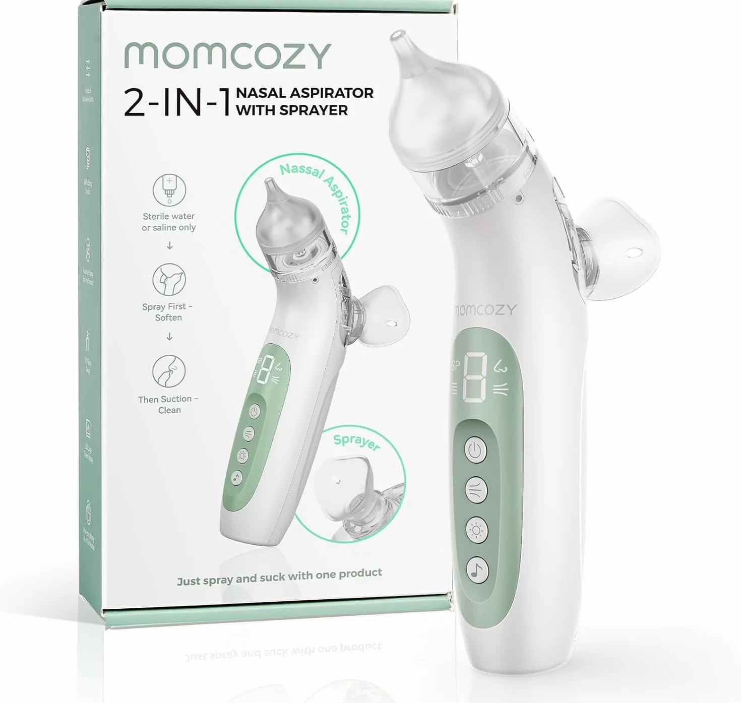 Momcozy BN07 Elektryczna mucha dla niemowląt 2 w 1 z funkcją rozpylania, moc ssania 65 kPa, 4 regulowane poziomy, cicha i przenośna, z kojącym światłem i muzyką