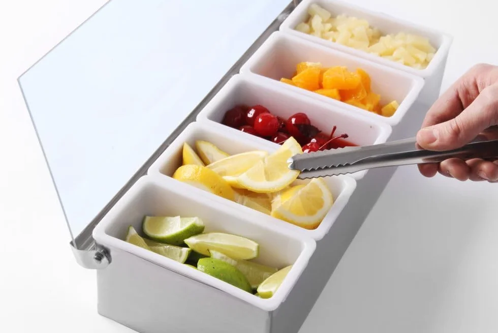 HENDI Pojemnik barmański na dodatki do drinków, BarUp, z 5 wyjmowanymi pojemniczkami, przezroczysta pokrywa, pojemnik na przyprawy, 375x140x(H)90mm, stal nierdzewna, HDPE, polipropylen