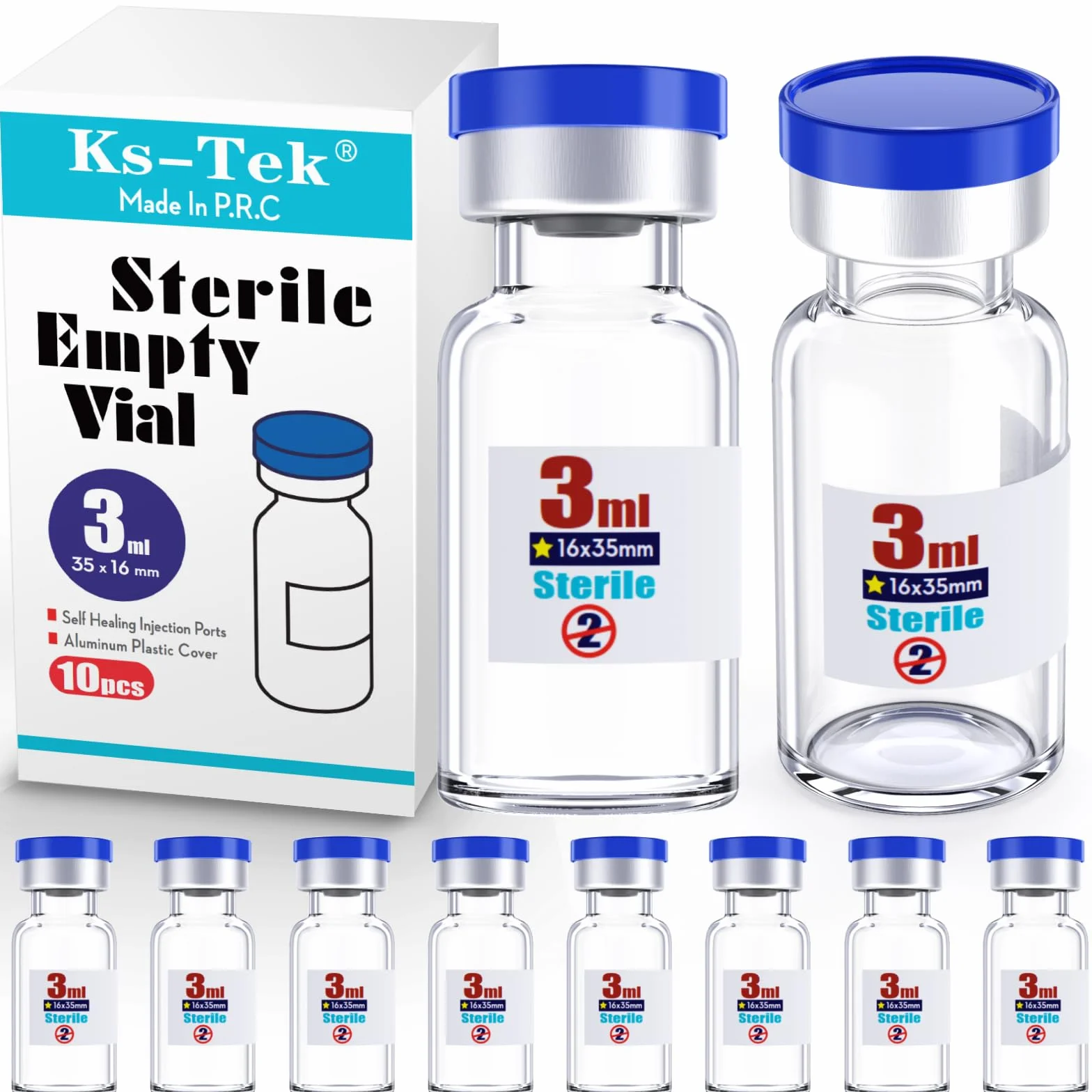 Ks-Tek Sterylne puste fiolki z samoregenerującym się portem wtryskowym, z odwracaną aluminiową nasadką, sterylne opakowanie (3 ml, 10)
