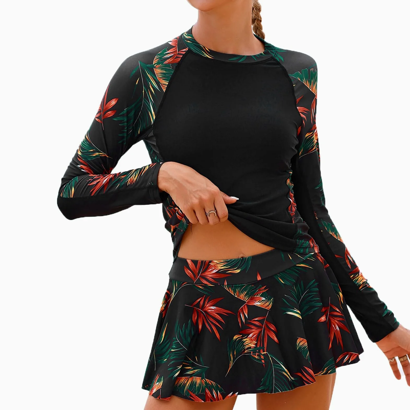 SHEKINI Damski dwuczęściowy zestaw Rash Guard z długim rękawem UPF 50+, wyszczuplający brzuch, sukienka kąpielowa z szortami typu tankini rashguard, moda kąpielowa dla kobiet