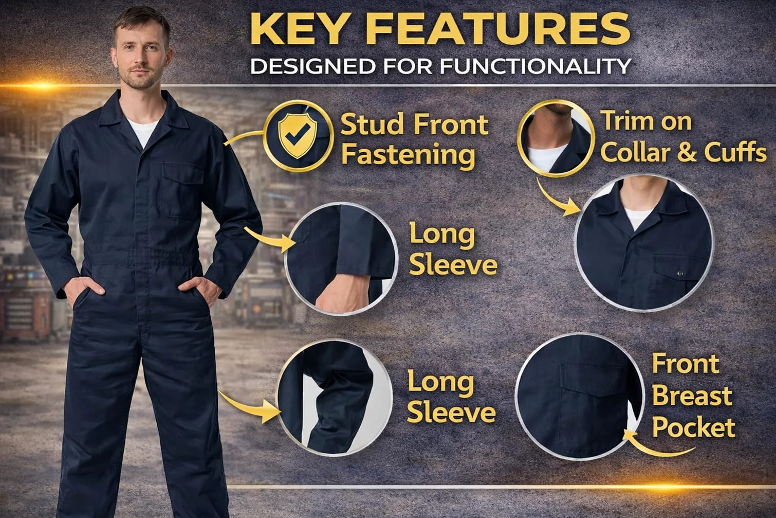 GRS Męski kombinezon unisex C2 Dark Navy Boiler Suit Navy Overall do studentów warsztatu (różne rozmiary: XS - 3XL)