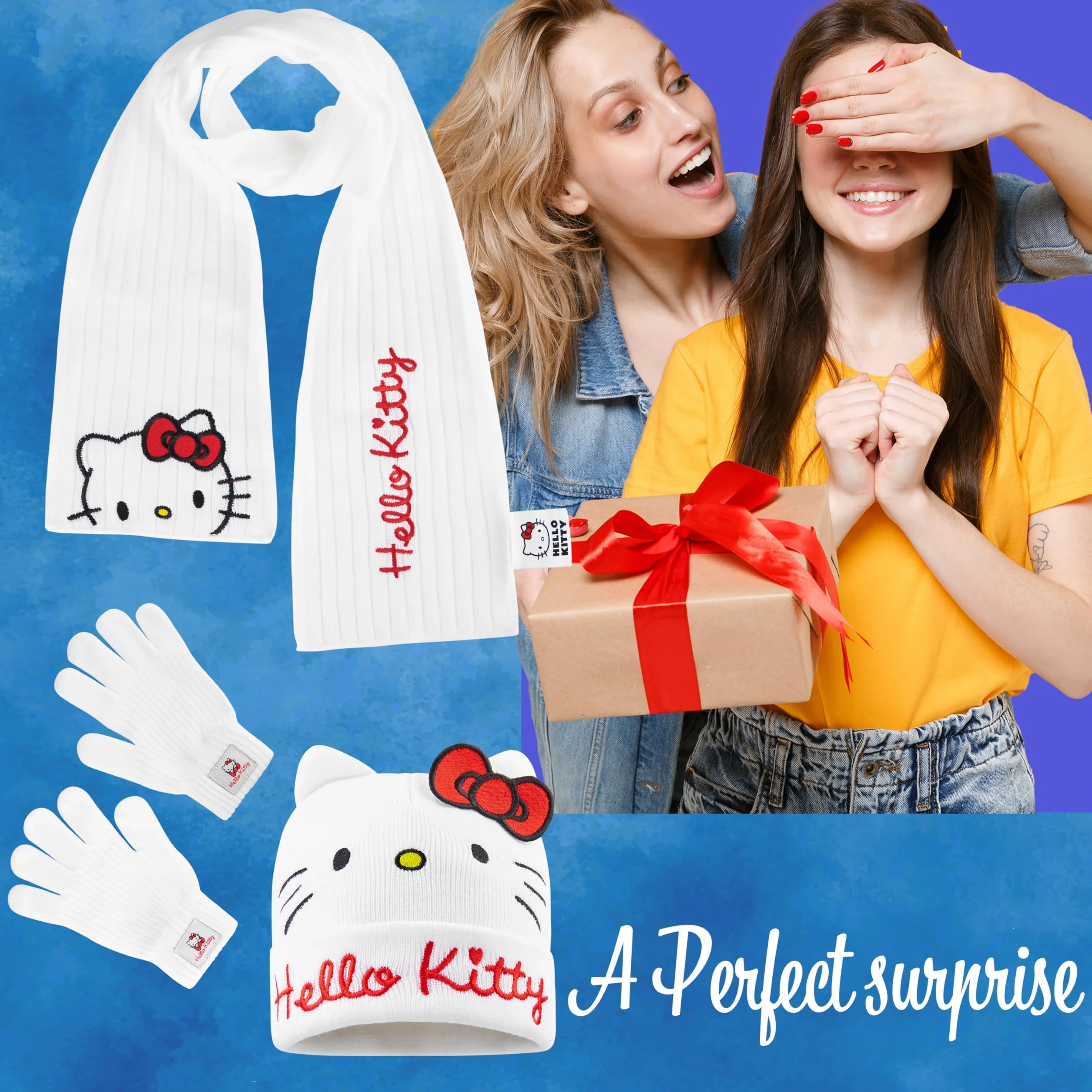 Hello Kitty Zimowy zestaw akcesoriów dla dziewcząt, nastolatków, przytulny 3-częściowy zestaw szalików i rękawiczek – prezenty dla dziewcząt, biały/różowy, Rozmiar uniwersalny