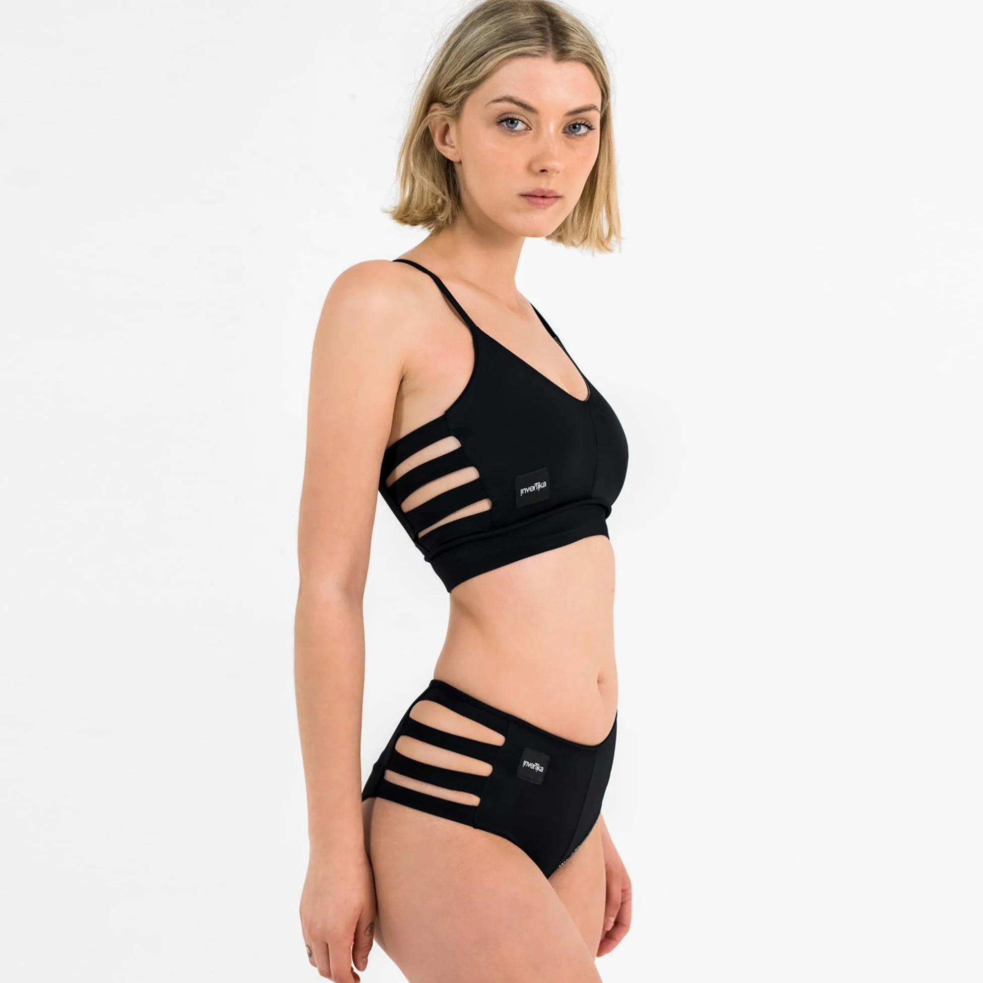 Invertika Kompletny top damski - majtki damskie - bielizna sportowa - Polak Dance z lycry podwójna twarz odwracalna wkładka Made in Italy, Czarny/Srebrny, L